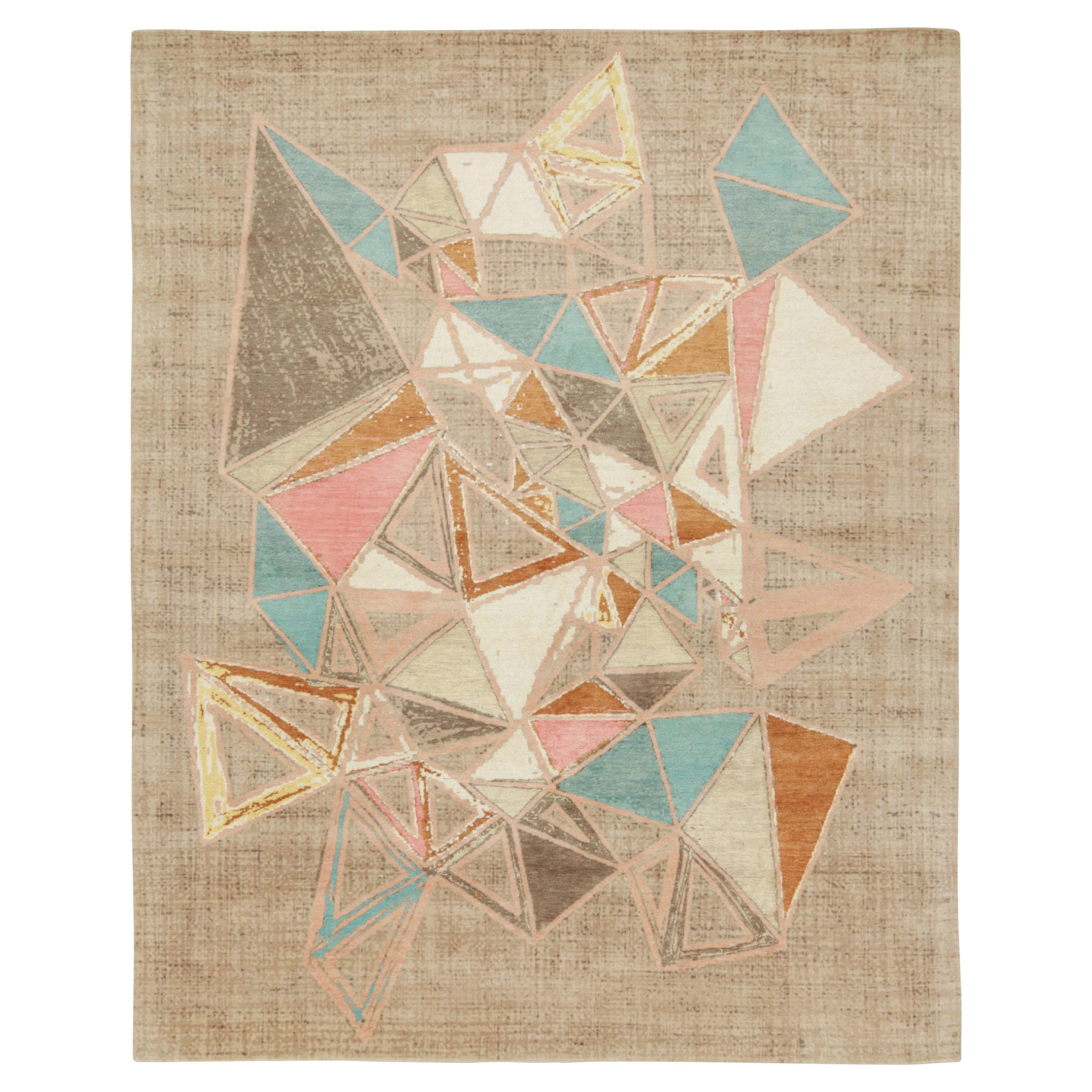 Rug & Kilim’s Mid-Century Modern Style Rug in Polychromatic Patterns on Beige For Sale