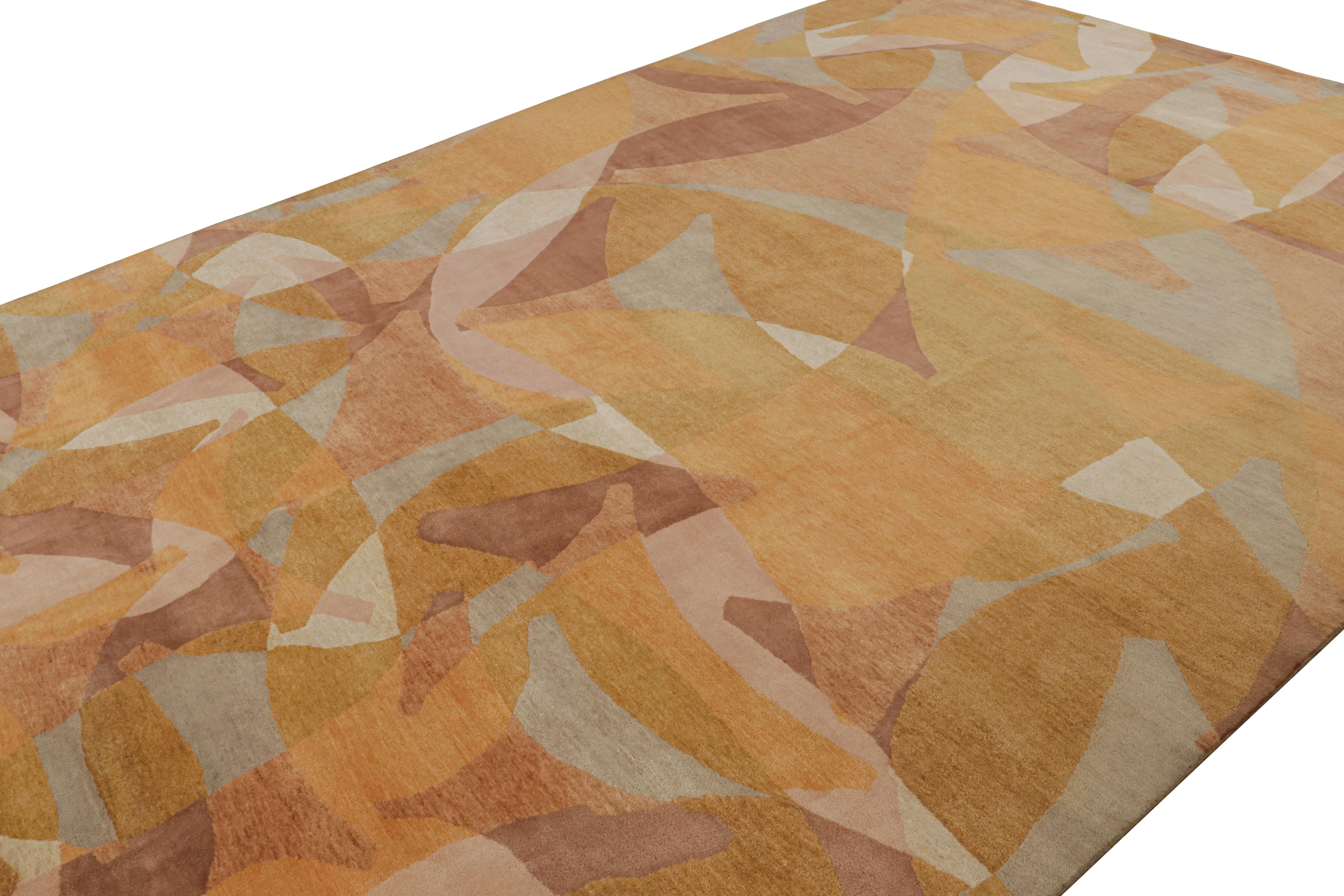 This 10x14 rug is from Rug & Kilim’s Mid-Century Modern collection—hand-knotted in wool and silk

On the Design:

Keen eyes will admire amber Gold tones underscoring a colorful, warm palette. Also, the sharpness of detail and curvature in this large
