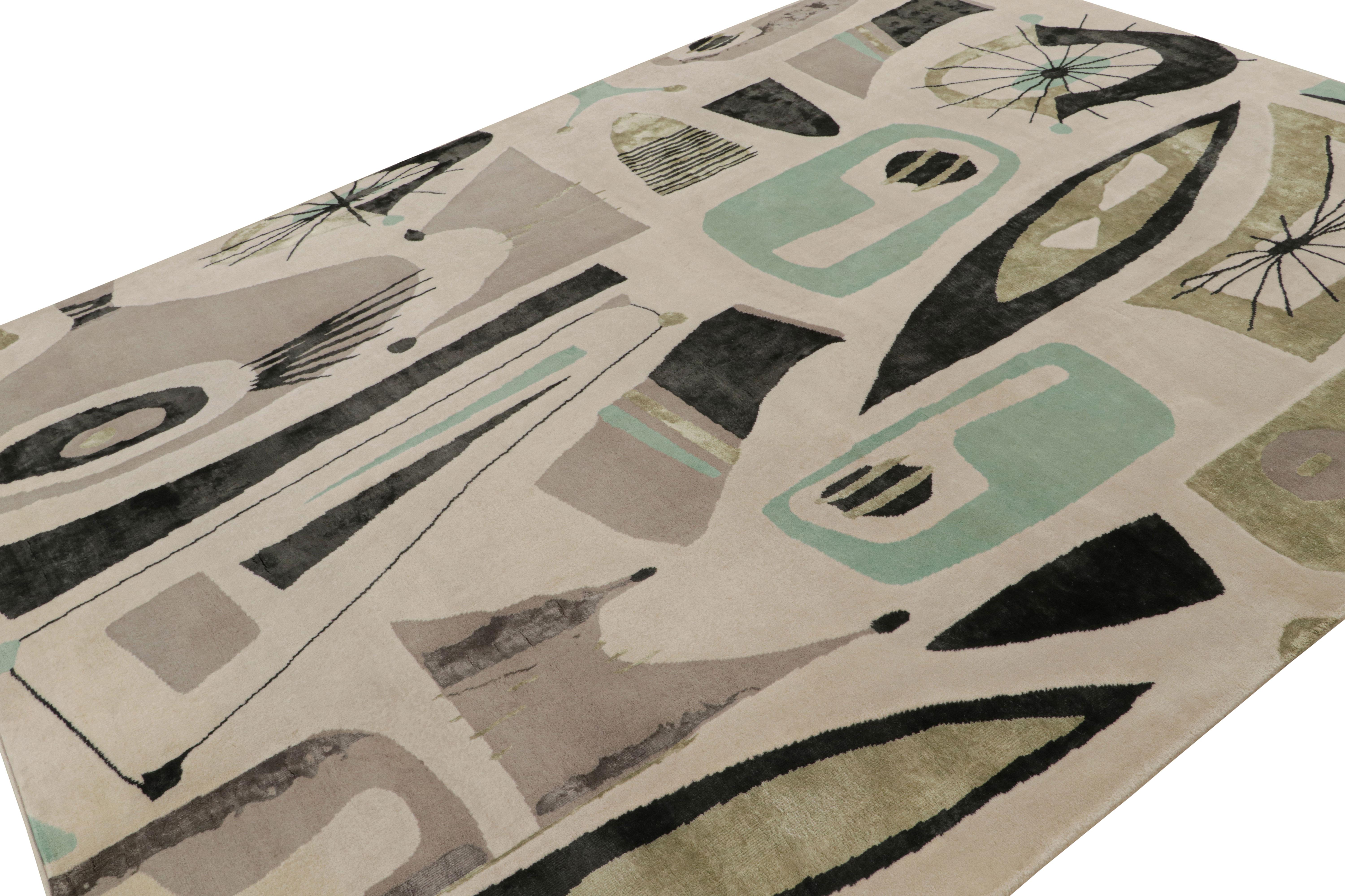 Noué à la main en soie naturelle, ce tapis moderne 8x10 est un nouvel ajout à la collection de tapis Mid-Century Modern de Rug & Kilim. Cette collection est une exploration audacieuse du style des années 1950 innovant une grande échelle, une texture