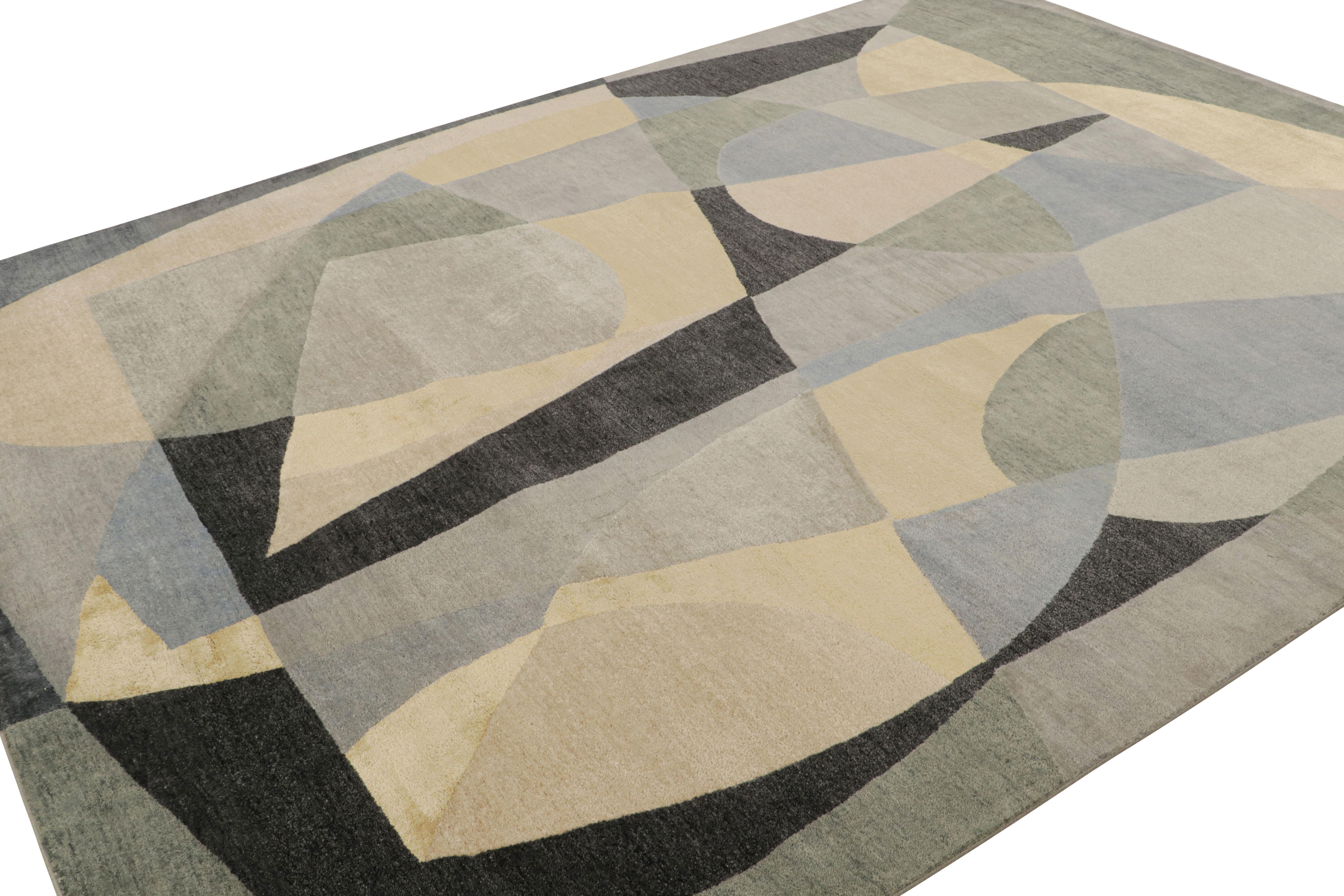 This 8x10 modern rug is from Rug & Kilim’s Mid-Century Modern collection— hand-knotted in wool and silk

On the Design:

Keen eyes will admire silver-gray, blue, light green, cream and black tones underscoring a geometric pattern inspired by the