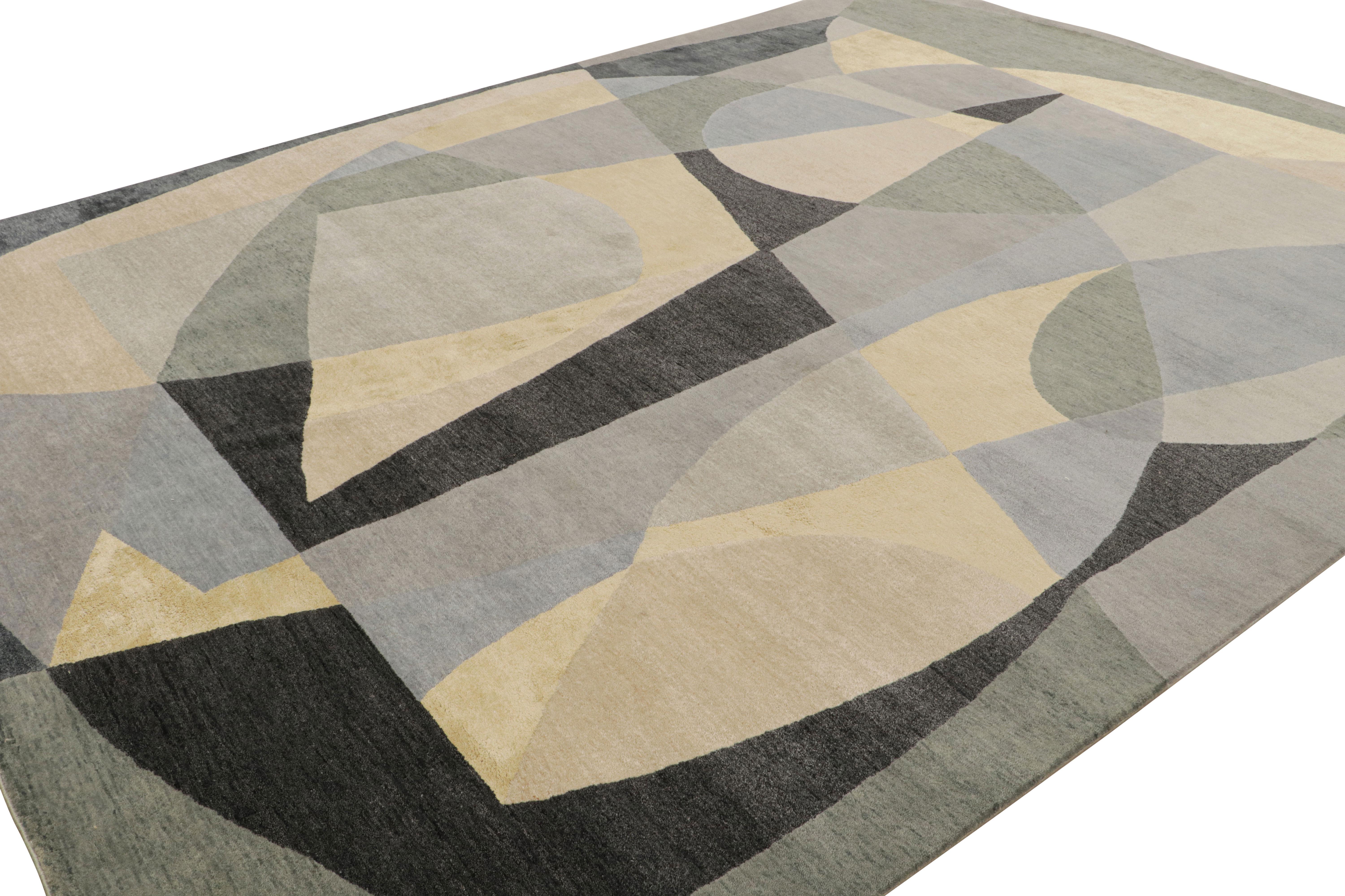 This 9x12 rug is from Rug & Kilim’s Mid-Century Modern collection - hand-knotted in wool and silk

On the Design:

Keen eyes will admire silver-gray, blue, light green, cream and black tones underscoring a geometric pattern inspired by the 1950s art
