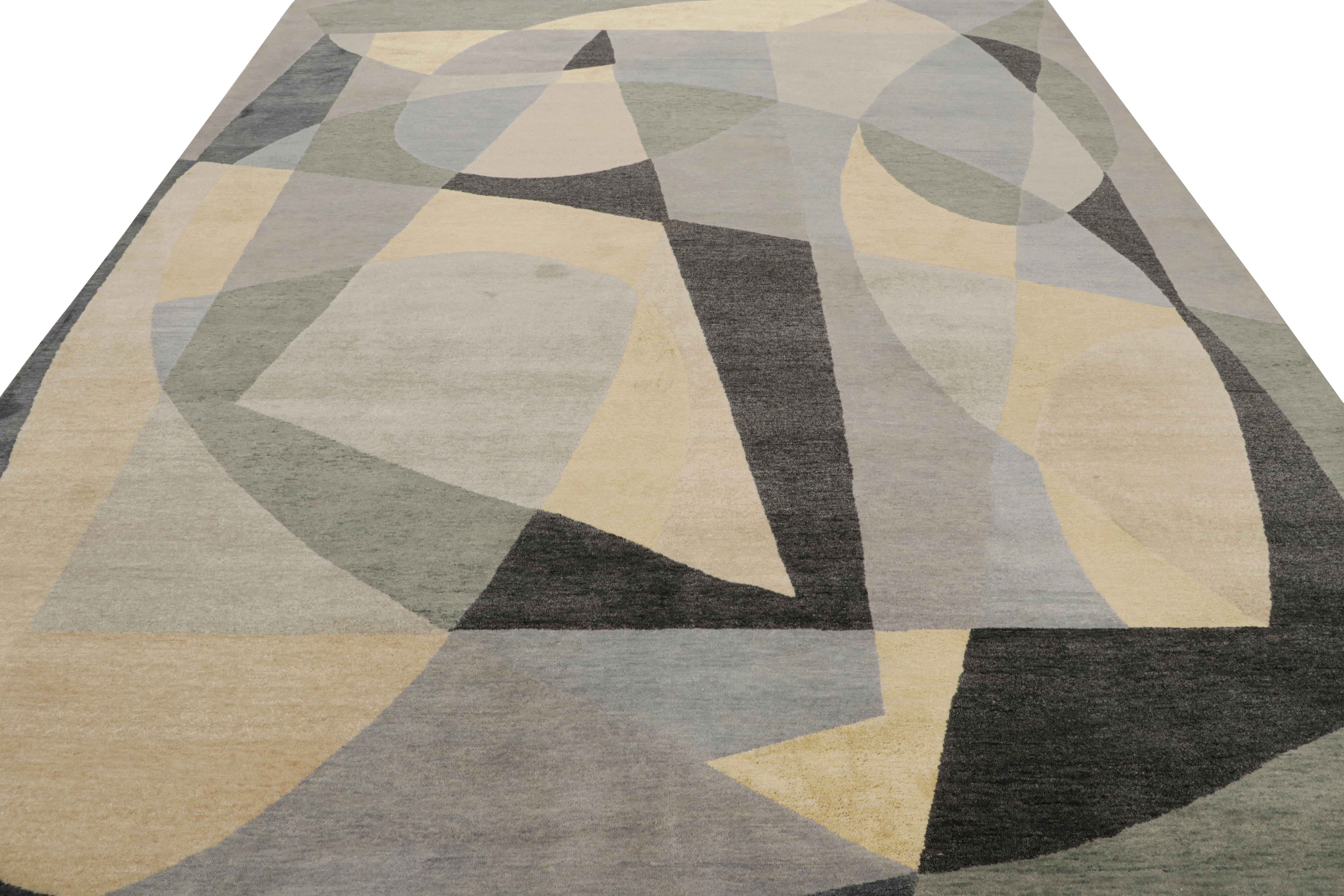 Indian Rug & Kilim’s Mid-Century Modern Style Rug with Gray & Green Geometric Patterns For Sale