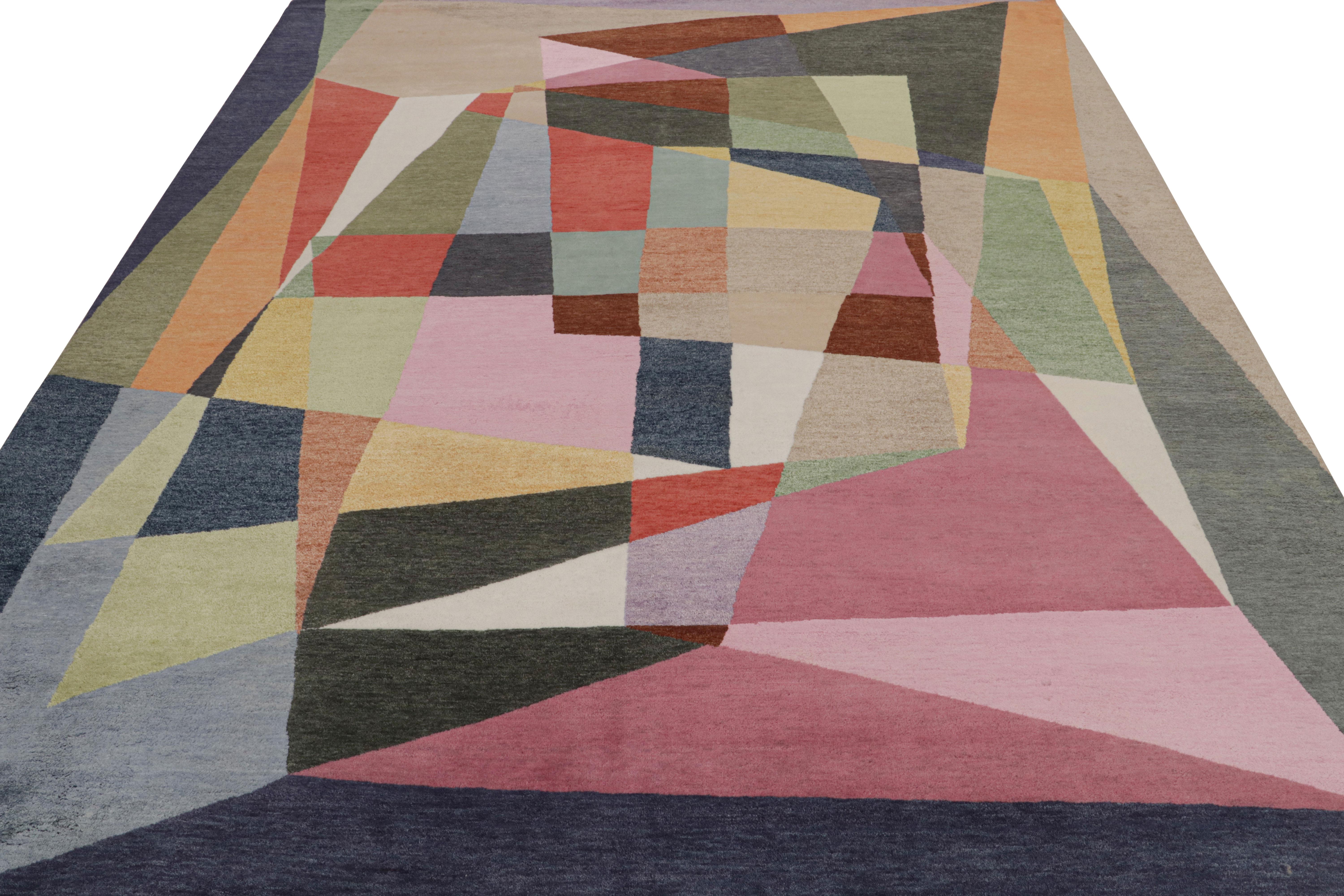 Indian Rug & Kilim’s Mid-Century Modern Style Rug with Polychromatic Geometric Pattern