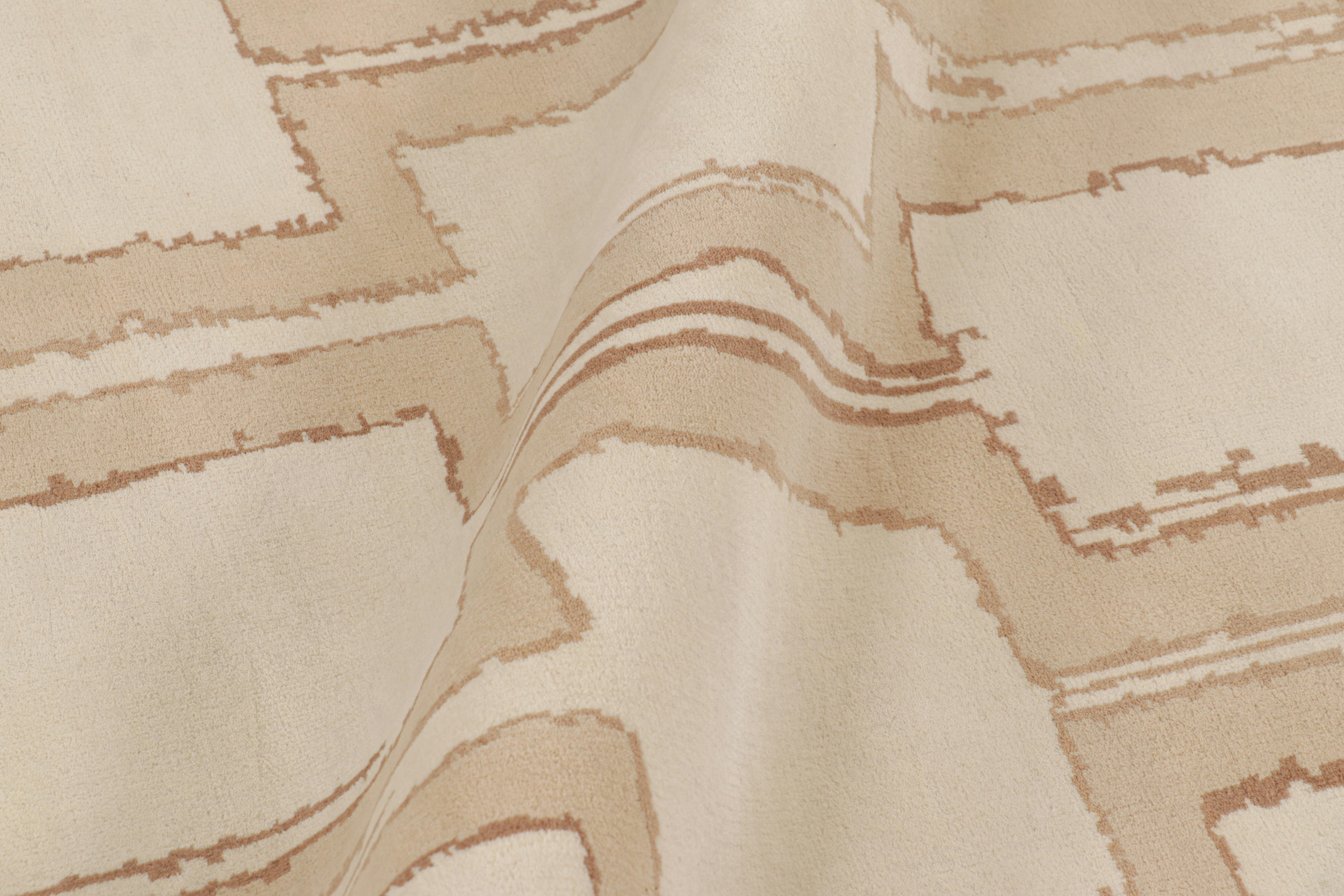 Indian Rug & Kilim’s Mid-Century Modern Style Square Geometric Rug in Beige-Brown Tones For Sale