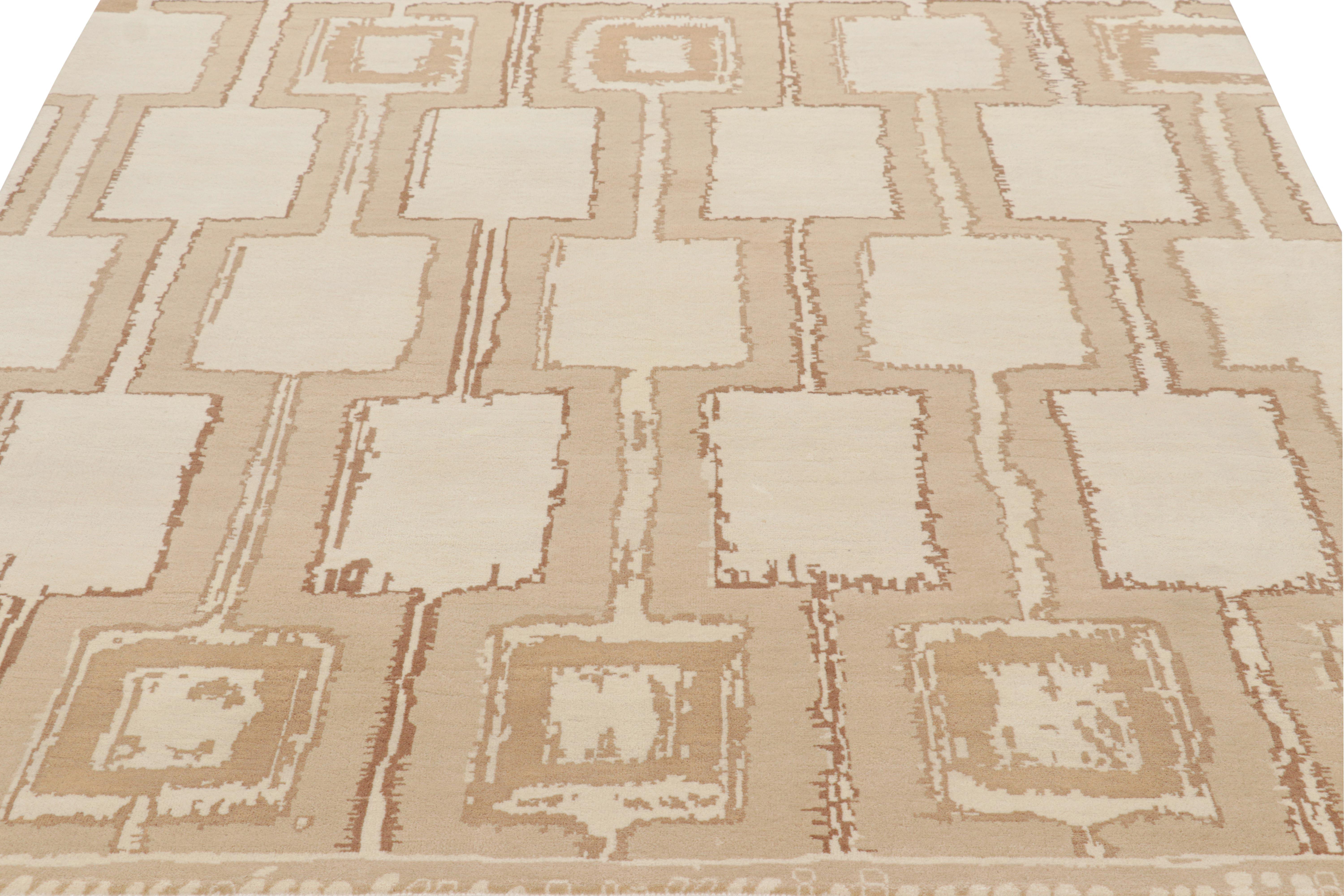 Hand-Knotted Rug & Kilim’s Mid-Century Modern Style Square Geometric Rug in Beige-Brown Tones For Sale