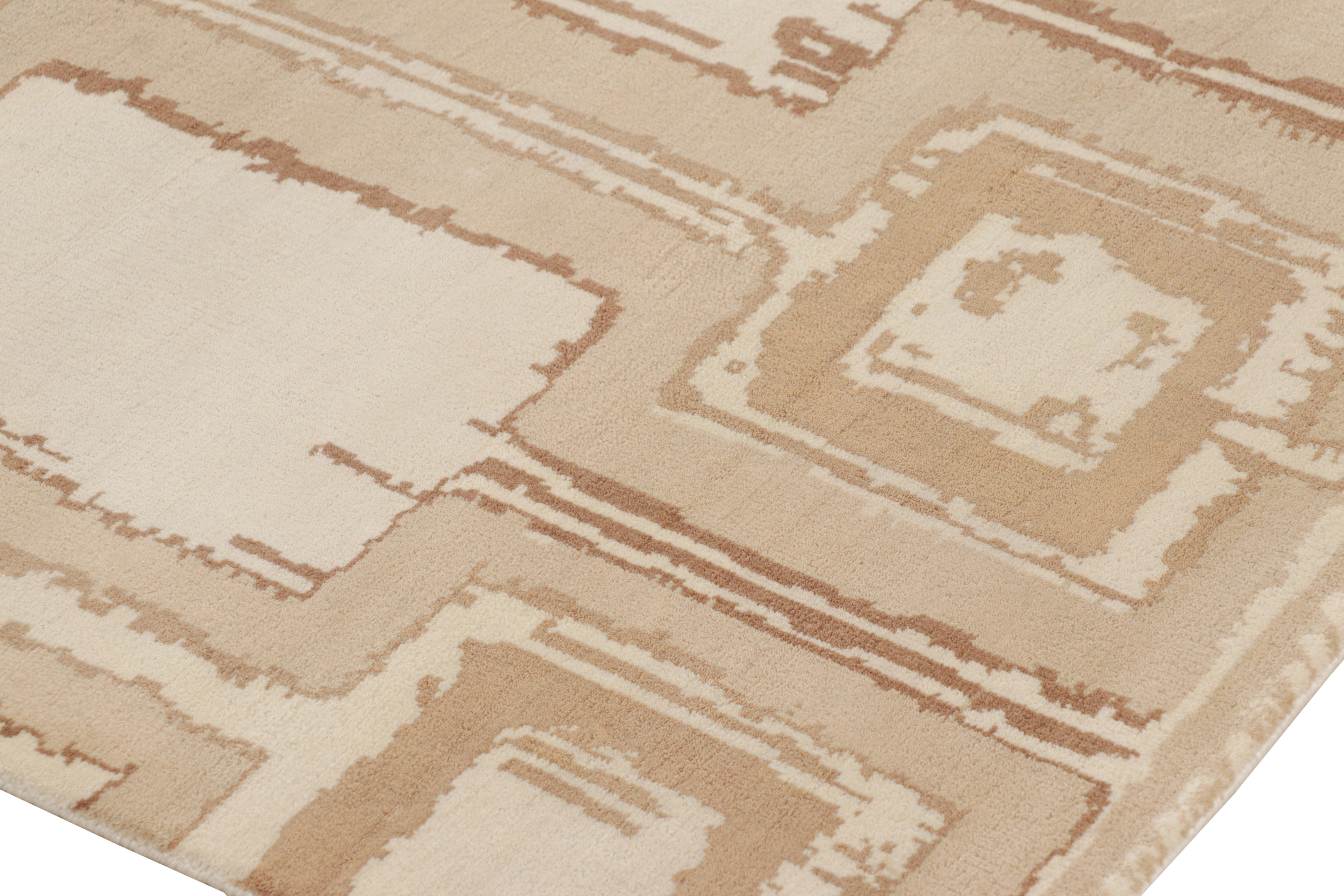 Wool Rug & Kilim’s Mid-Century Modern Style Square Geometric Rug in Beige-Brown Tones For Sale