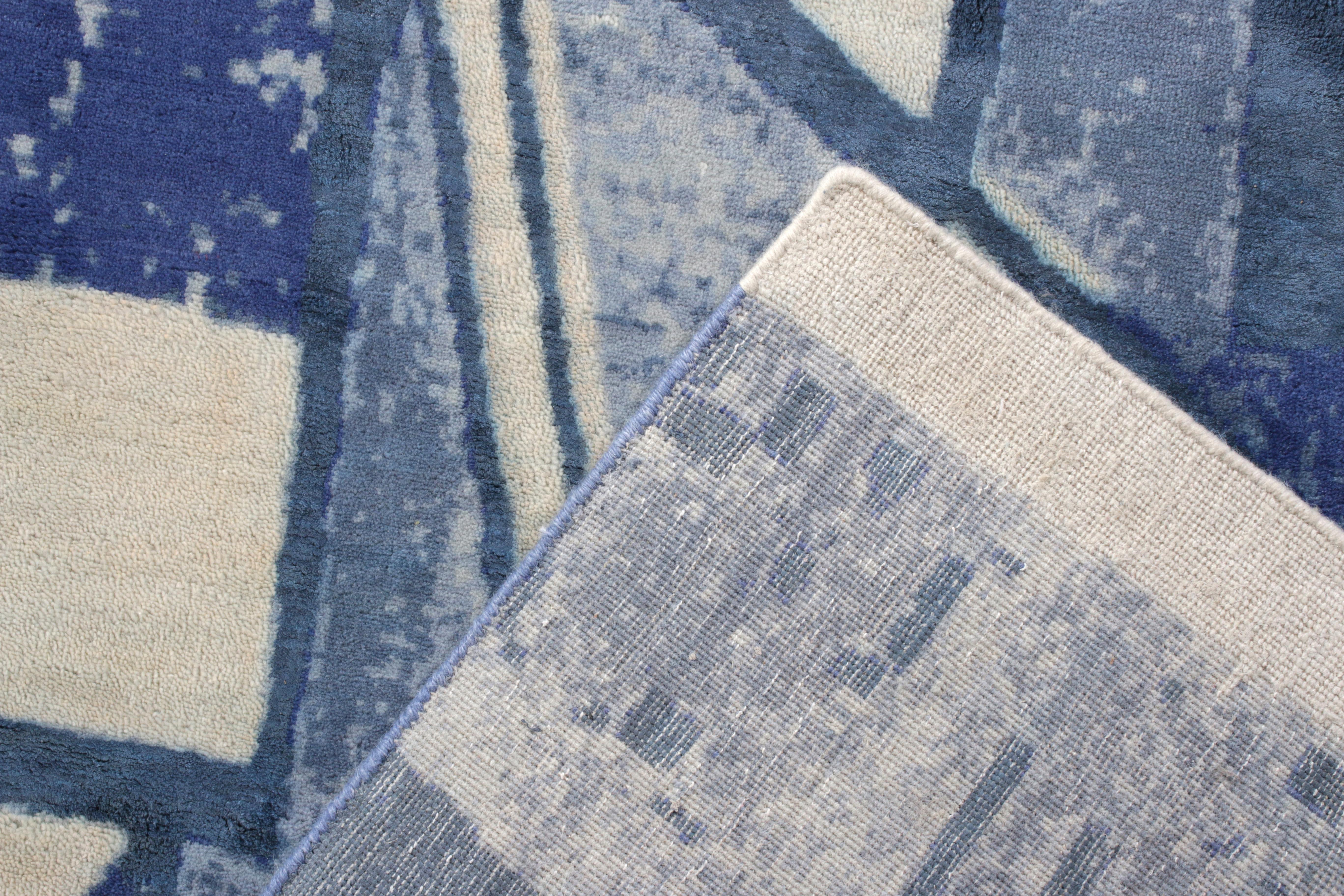 Hand-Knotted Rug & Kilim's Mid-Century Modern Style Square Rug in Blue Geometric Pattern For Sale