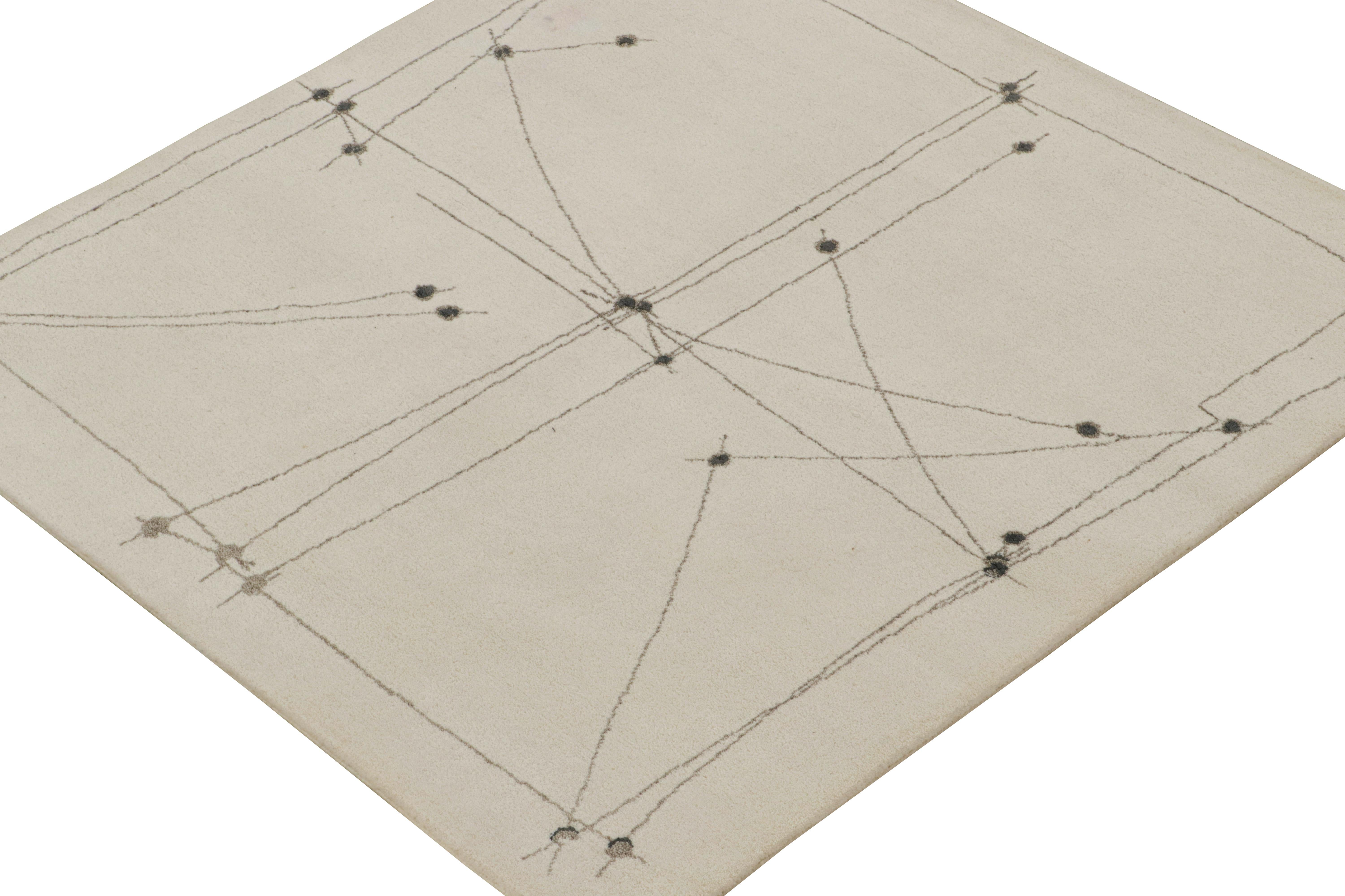 Indian Rug & Kilim’s Mid-Century Modern Style Square Rug in White with Gray Patterns For Sale