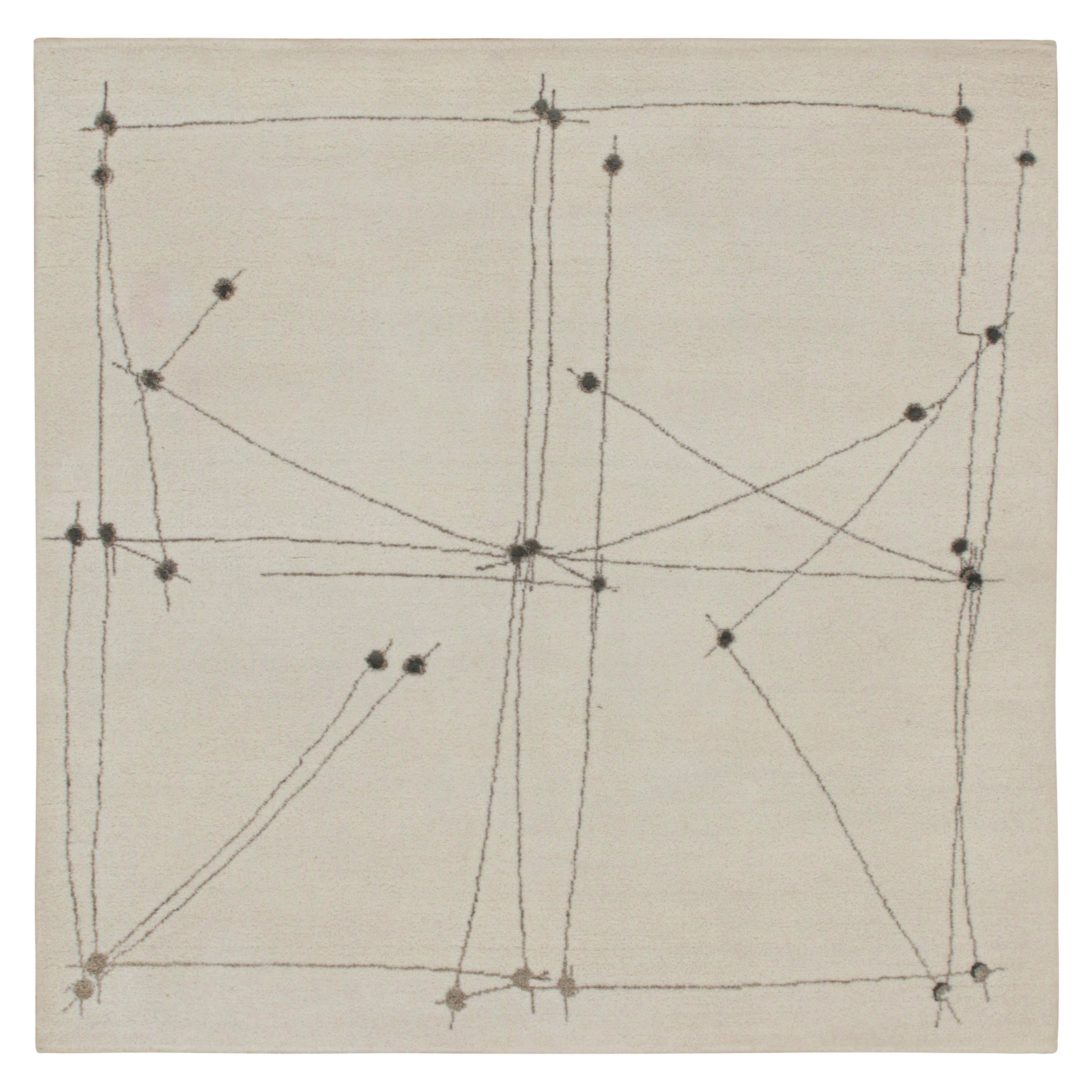 Rug & Kilim's Mid-Century Modern Style Square Rug in Weiß mit grauen Mustern