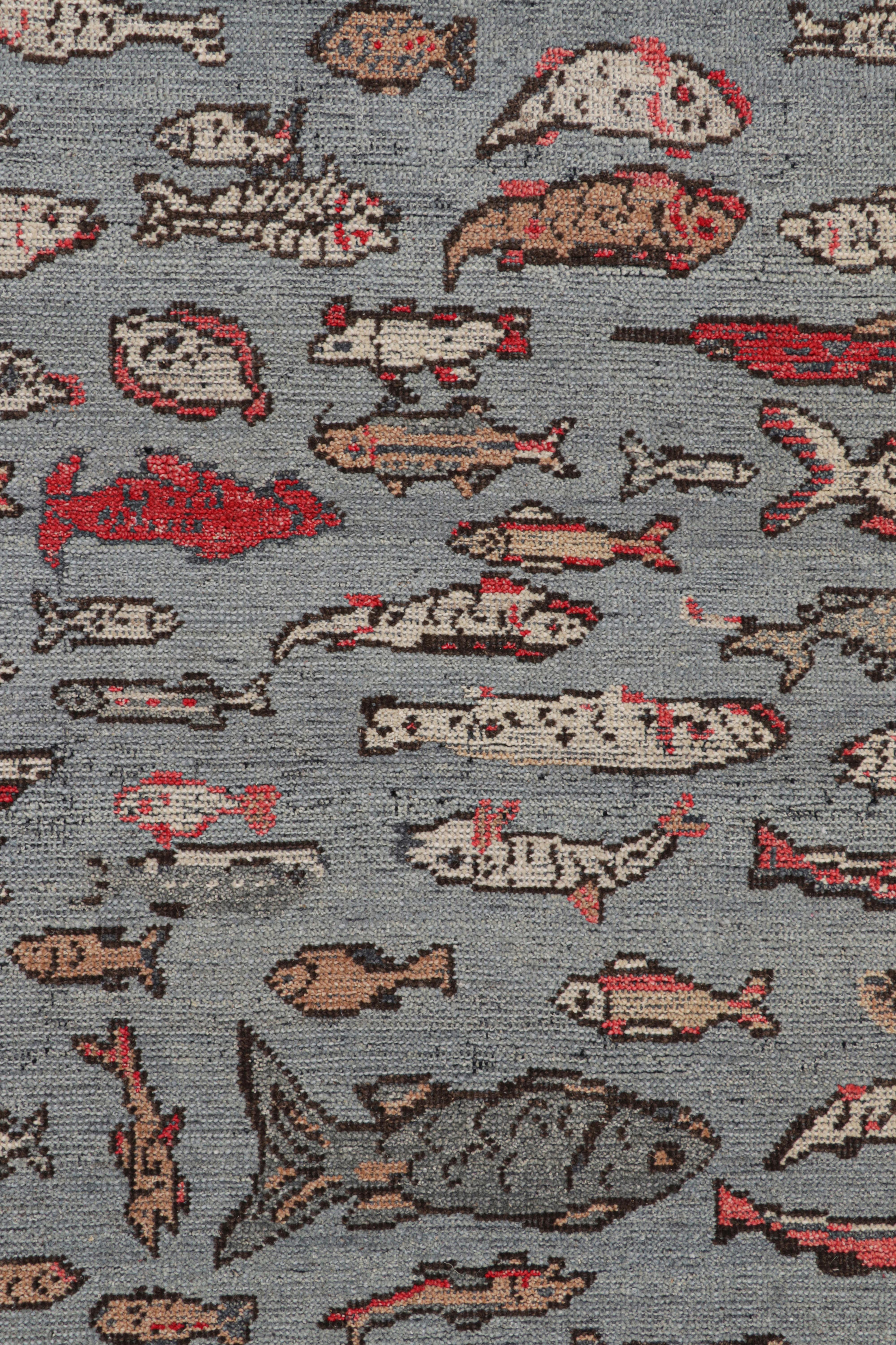 Tribal Rug & Kilim’s Mid-Century Style Rug in Blue with Colorful Fish Pictorials For Sale