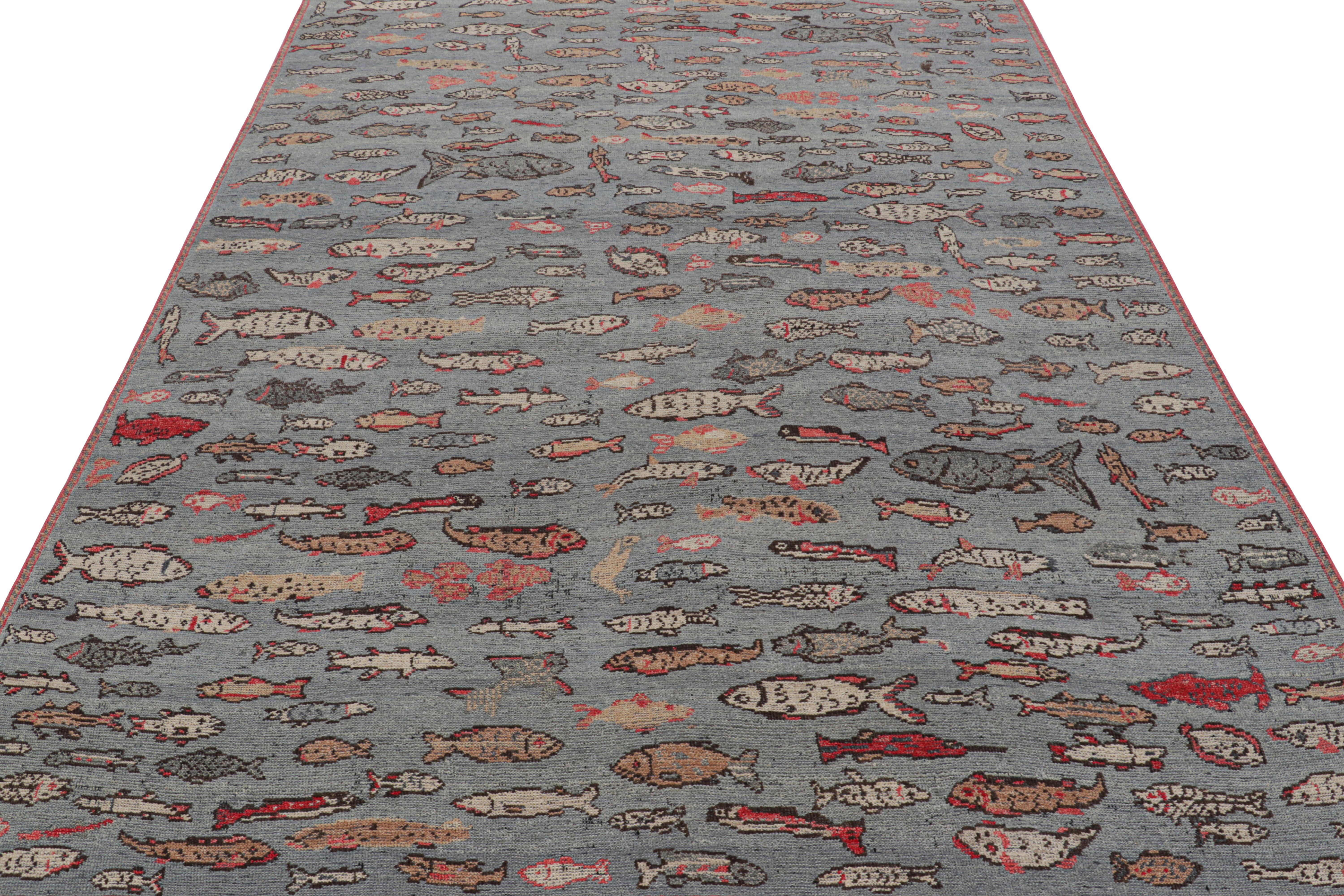 Indian Rug & Kilim’s Mid-Century Style Rug in Blue with Colorful Fish Pictorials For Sale
