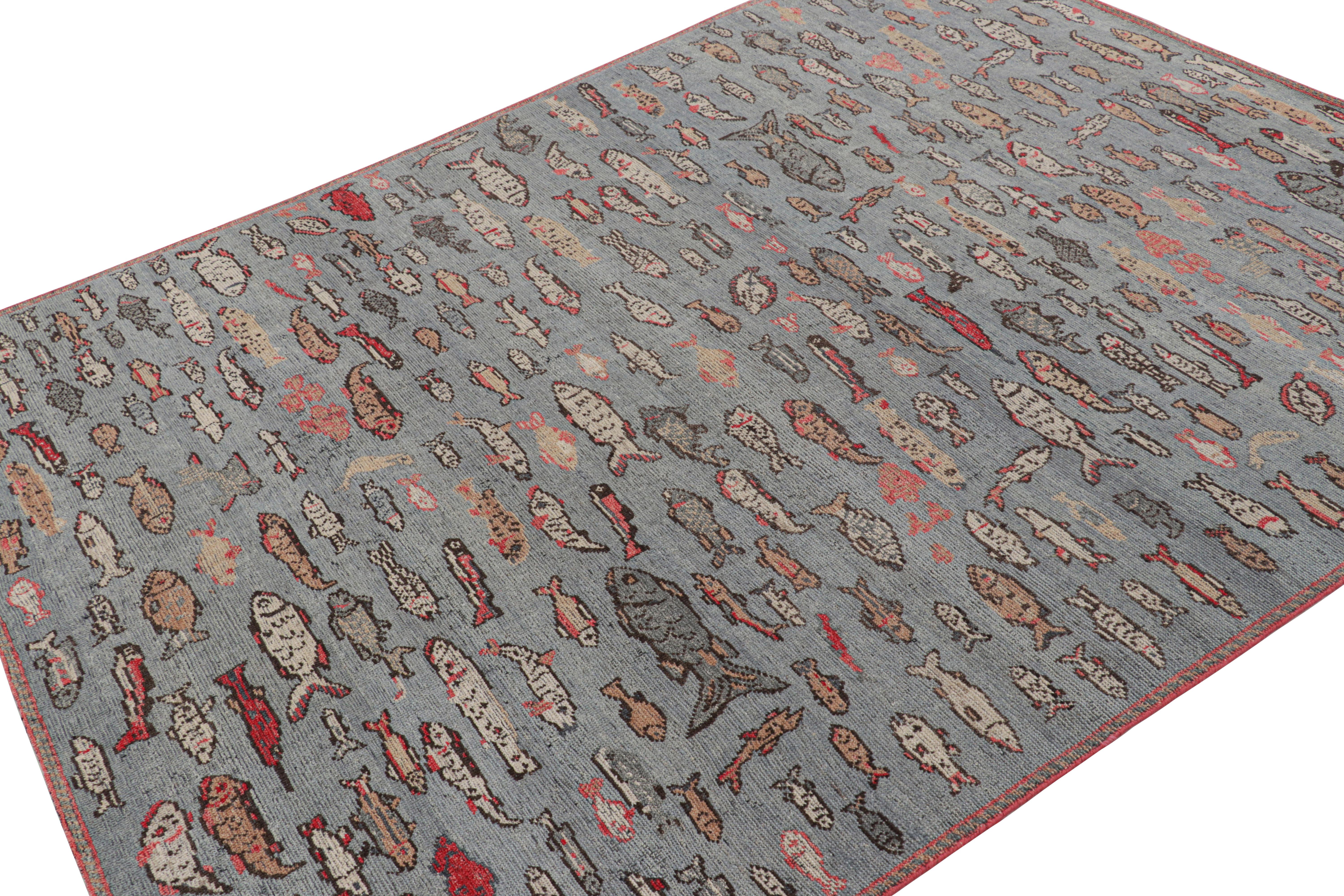 Hand-Knotted Rug & Kilim’s Mid-Century Style Rug in Blue with Colorful Fish Pictorials For Sale