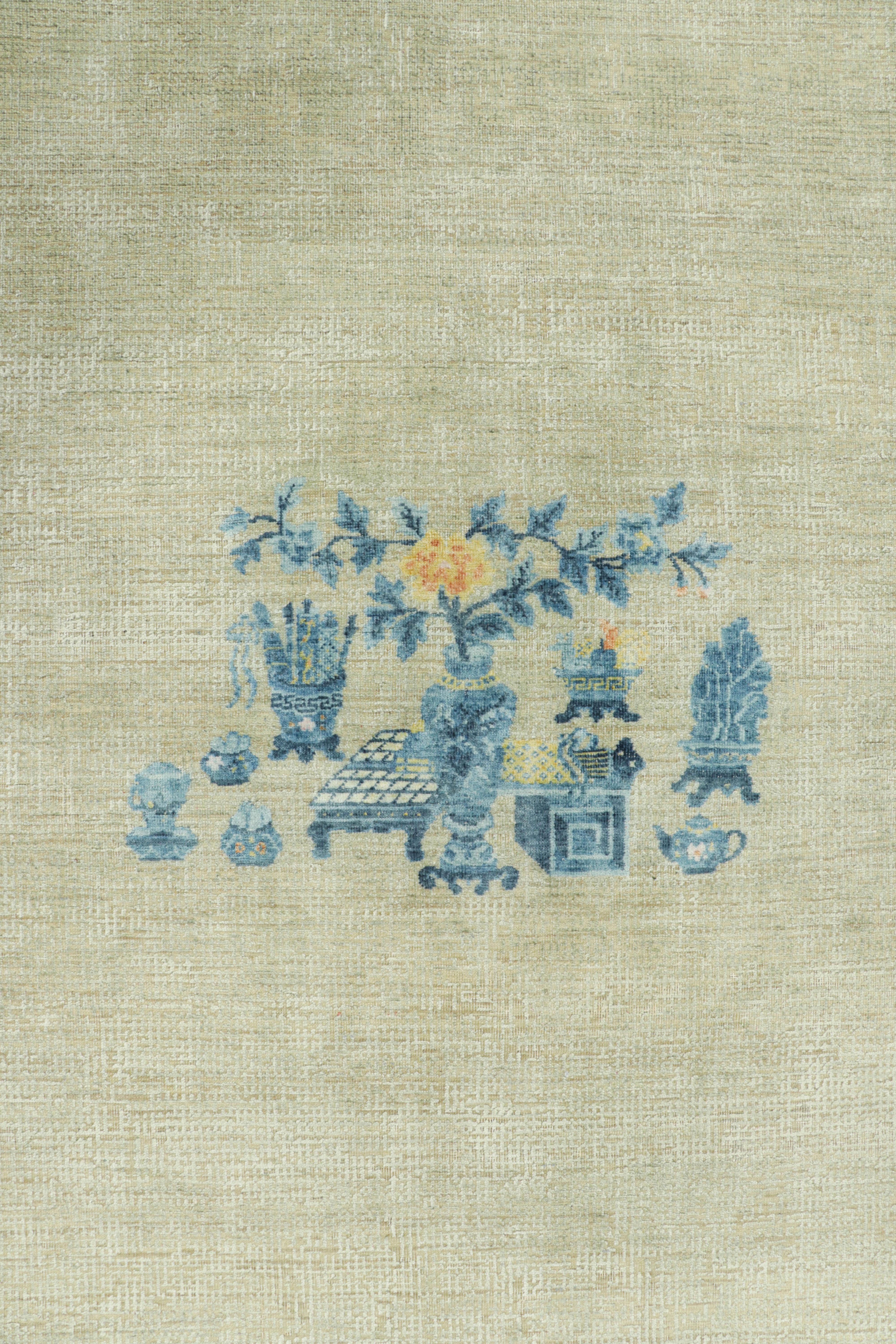Modern Rug & Kilim’s Ming Dynasty Style Custom Rug Design in Beige and Blue Pictorials For Sale