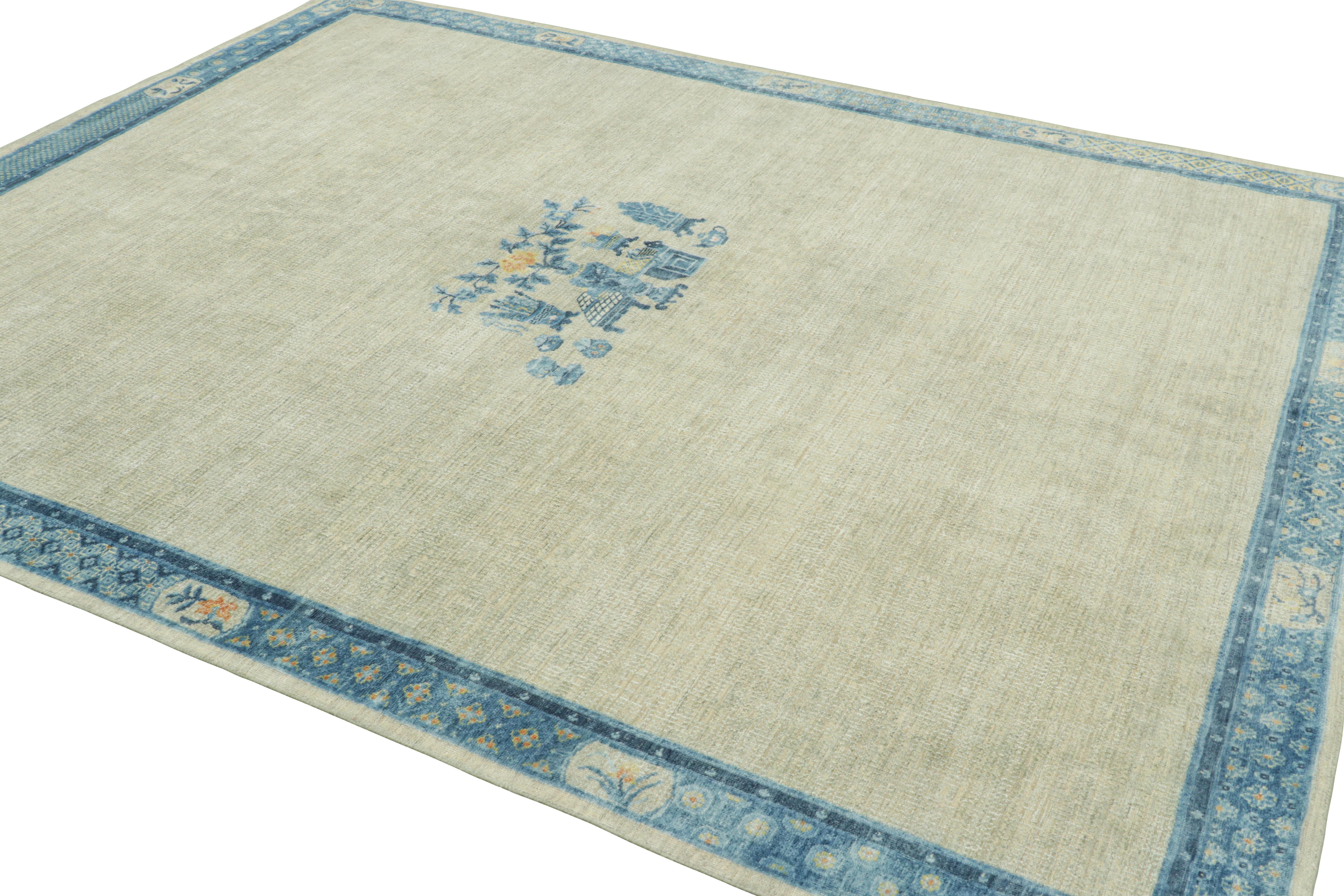 Indian Rug & Kilim’s Ming Dynasty Style Custom Rug Design in Beige and Blue Pictorials For Sale