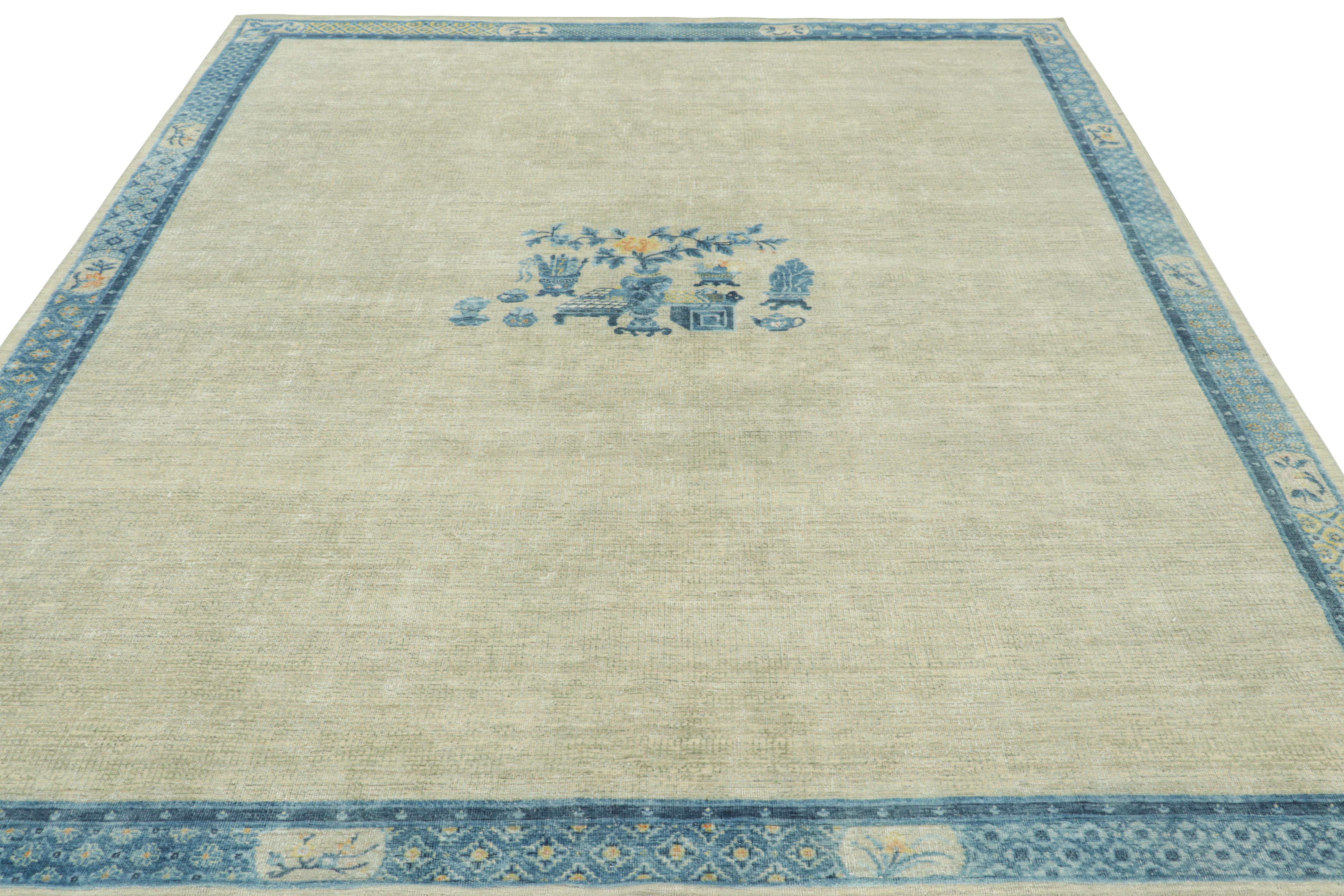 Hand-Knotted Rug & Kilim’s Ming Dynasty Style Custom Rug Design in Beige and Blue Pictorials For Sale