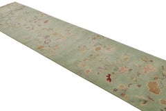 Rug & Kilim’s Mint Green Chinese Art Deco style Runner Rug with Floral Patterns