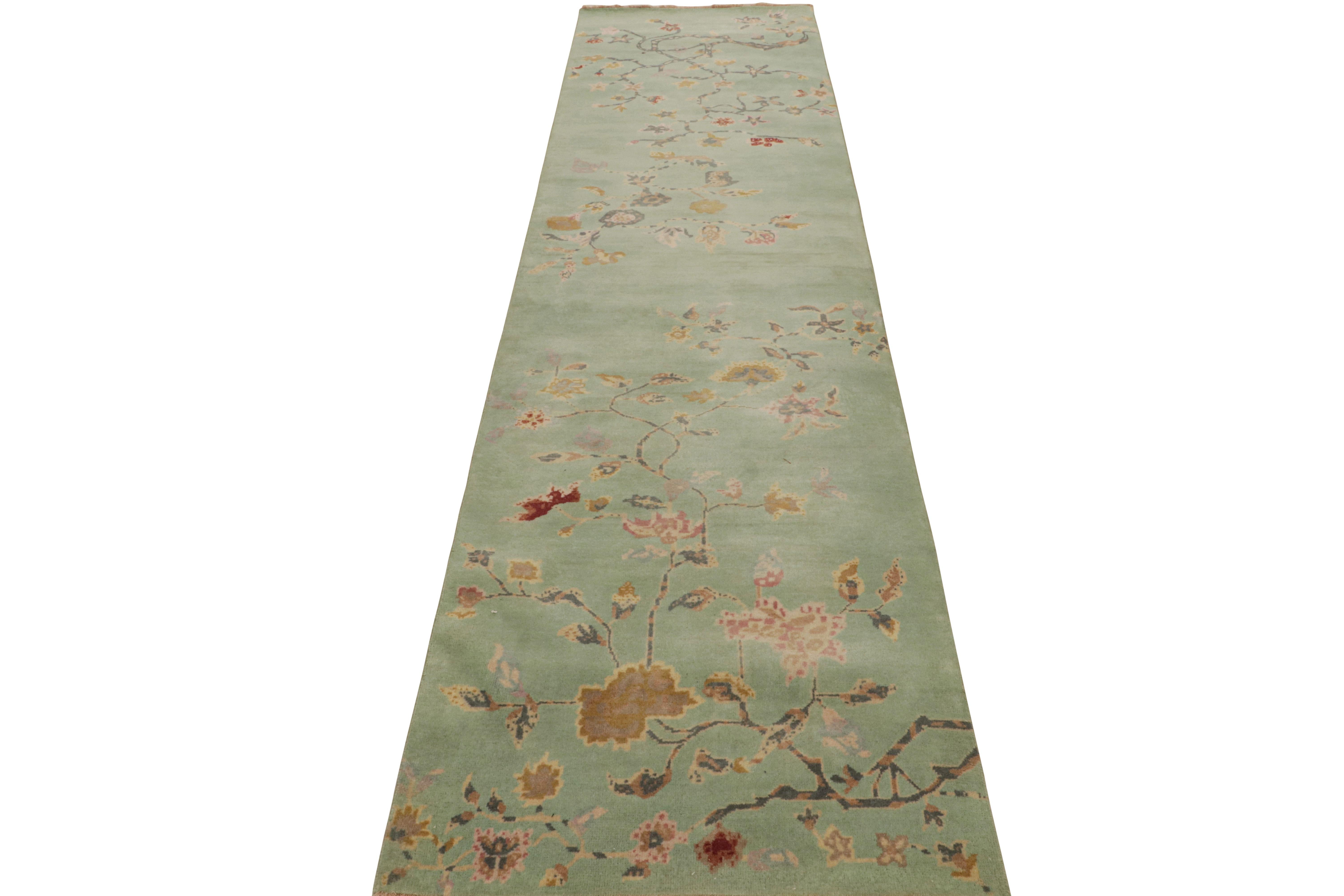 Indian Rug & Kilim’s Mint Green Chinese Art Deco style Runner Rug with Floral Patterns For Sale
