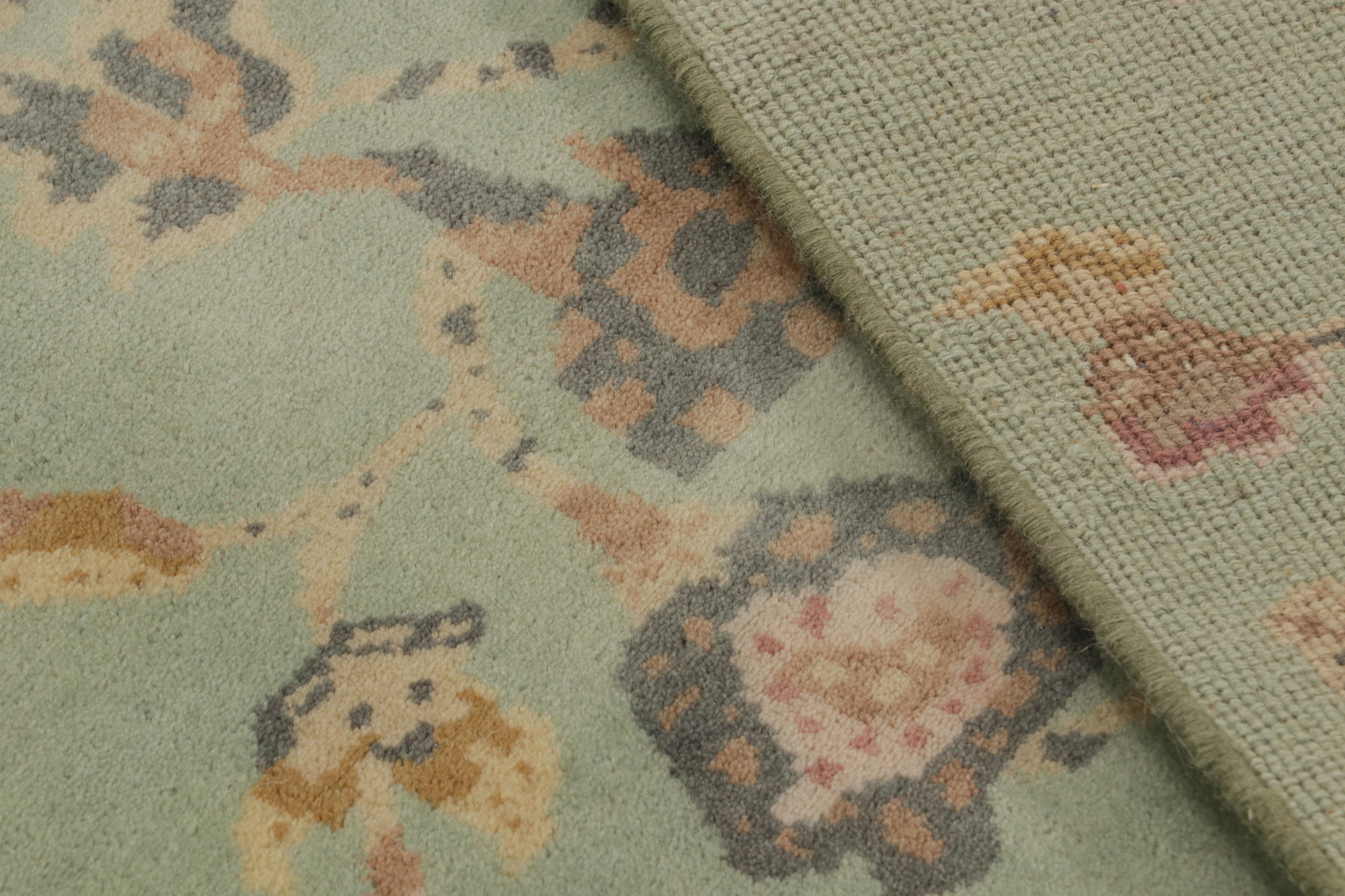 Wool Rug & Kilim’s Mint Green Chinese Art Deco style Runner Rug with Floral Patterns For Sale