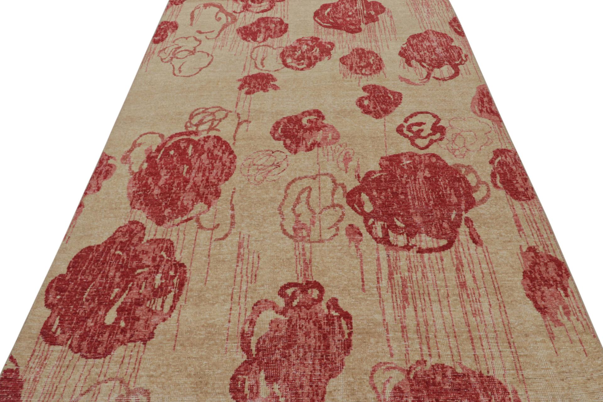 Indian Rug & Kilim’s Modern Abstract Art Rug in Beige-Brown, with Red Floral Patterns For Sale