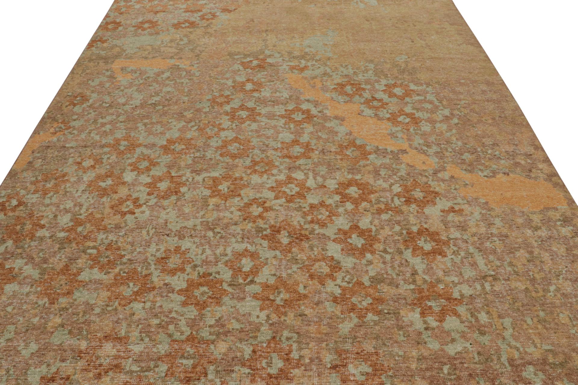 Indian Rug & Kilim’s Modern Abstract Art Rug in Gold and Brown, with Floral Patterns For Sale