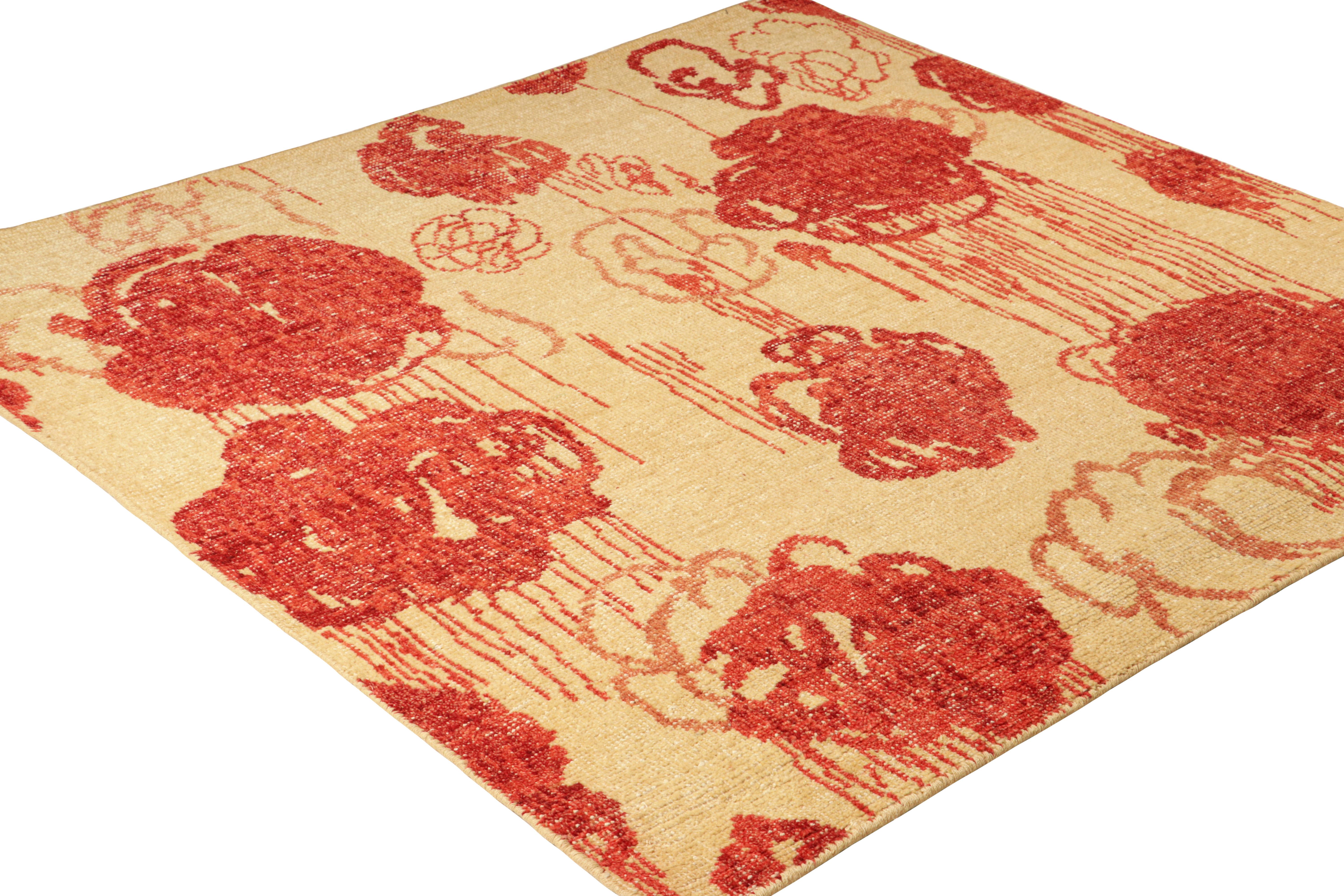 Rug & Kilim's Modern Abstract Art Square Rug in Beige-Braun mit Blumenmustern (Handgeknüpft) im Angebot