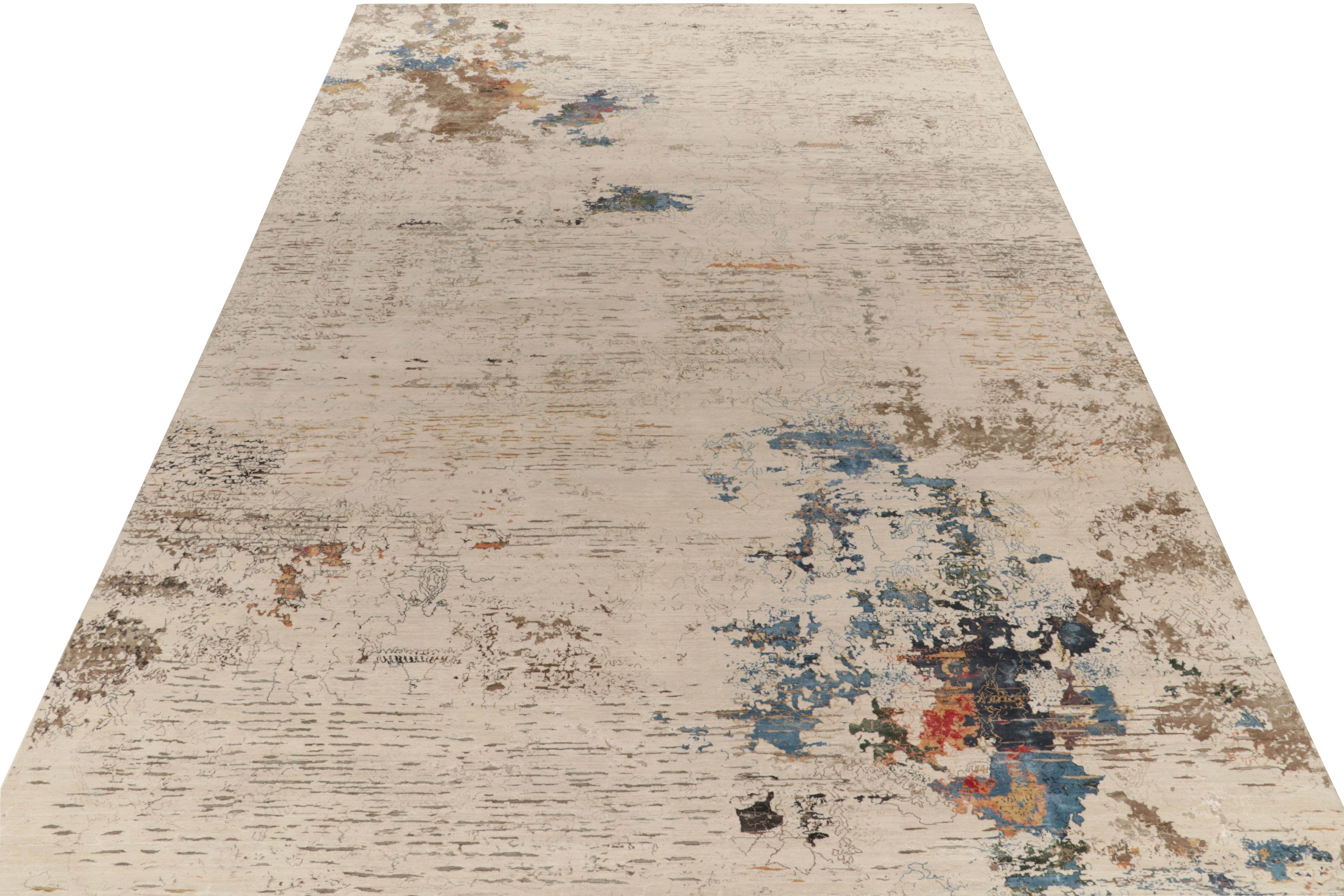 Indian Rug & Kilim’s Modern Abstract Rug in Beige-Brown and Blue Painterly Patterns For Sale