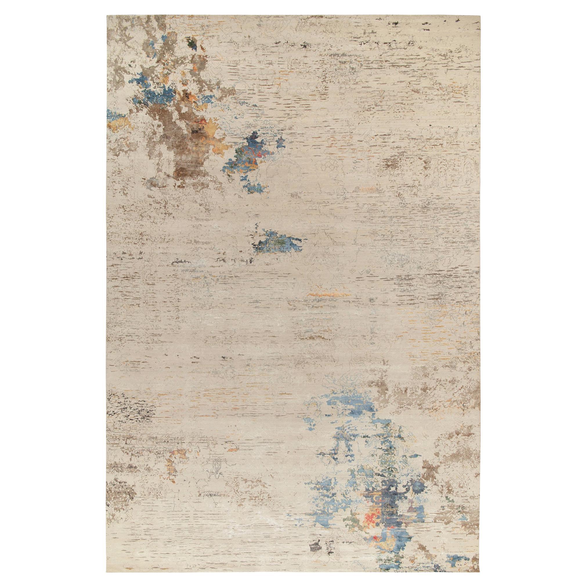 Rug & Kilim’s Modern Abstract Rug in Beige-Brown and Blue Painterly Patterns For Sale