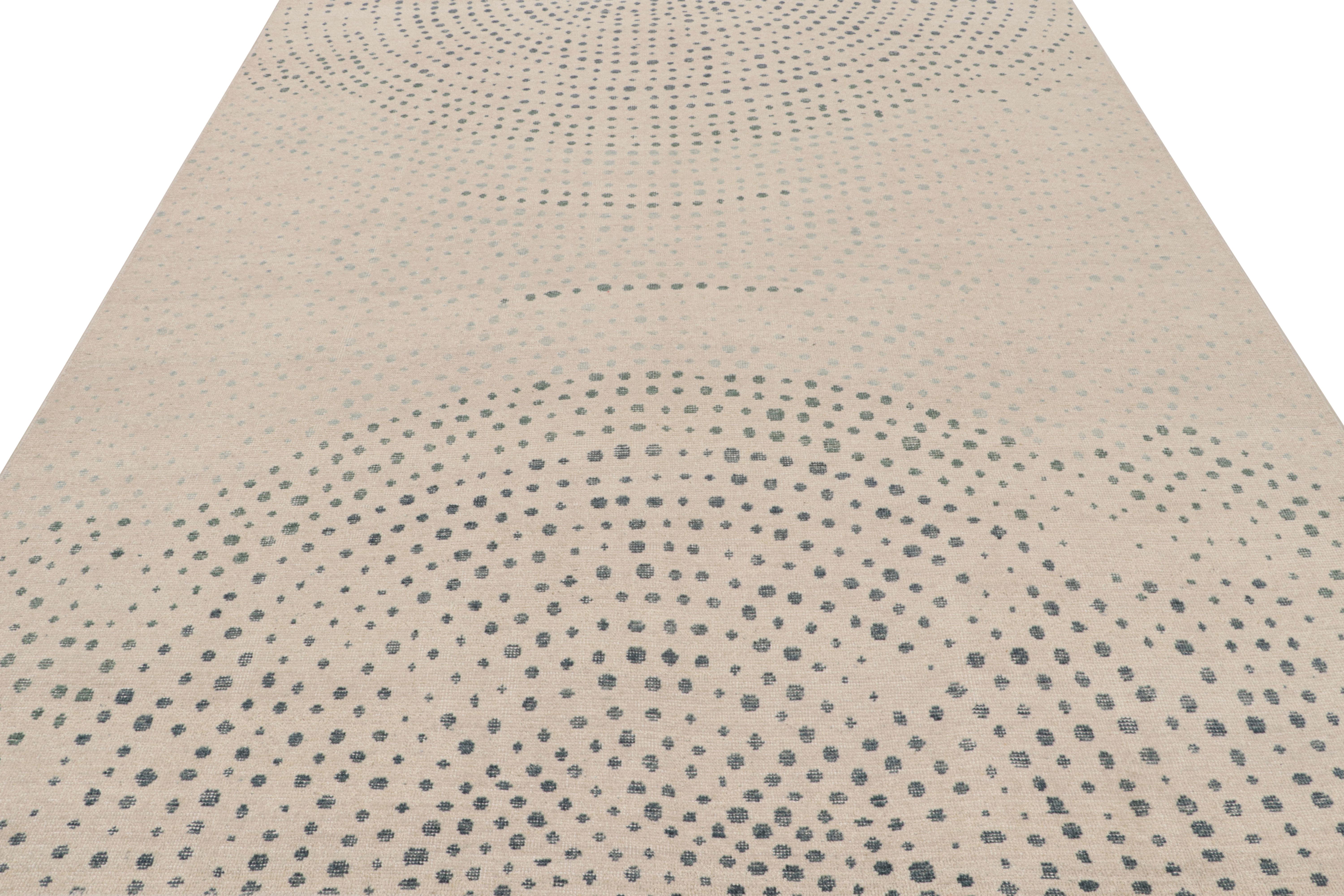 Hand-knotted in wool, this 8x10 abstract rug originating from India, in more contemporary colors of beige/brown and blue, features concentric dots. 

On the Design: 

This piece enjoys a contemporary abstract pattern in a forgiving beige, off-white,