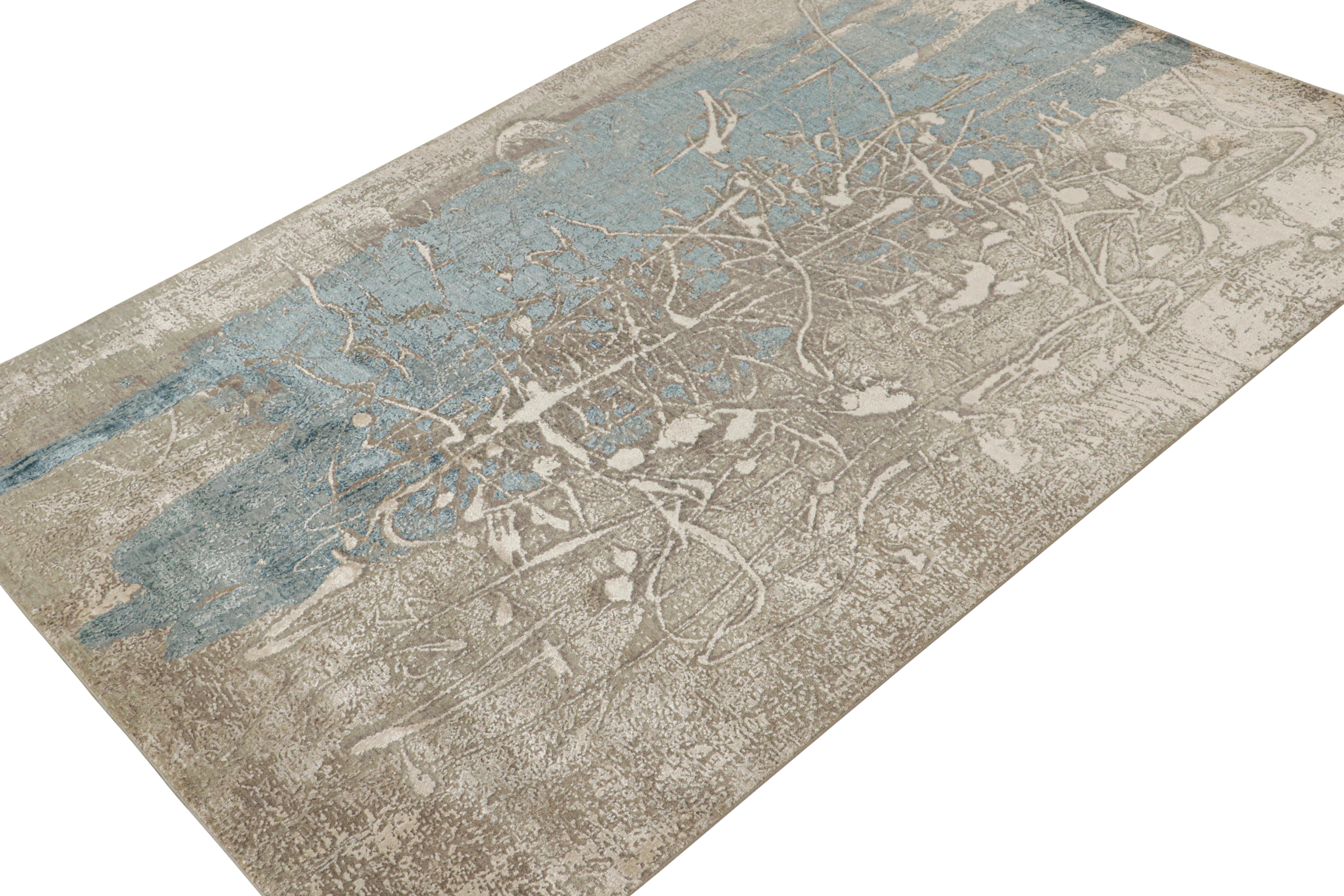 Indian Rug & Kilim’s Modern Abstract Rug in Blue and Silver Patterns For Sale