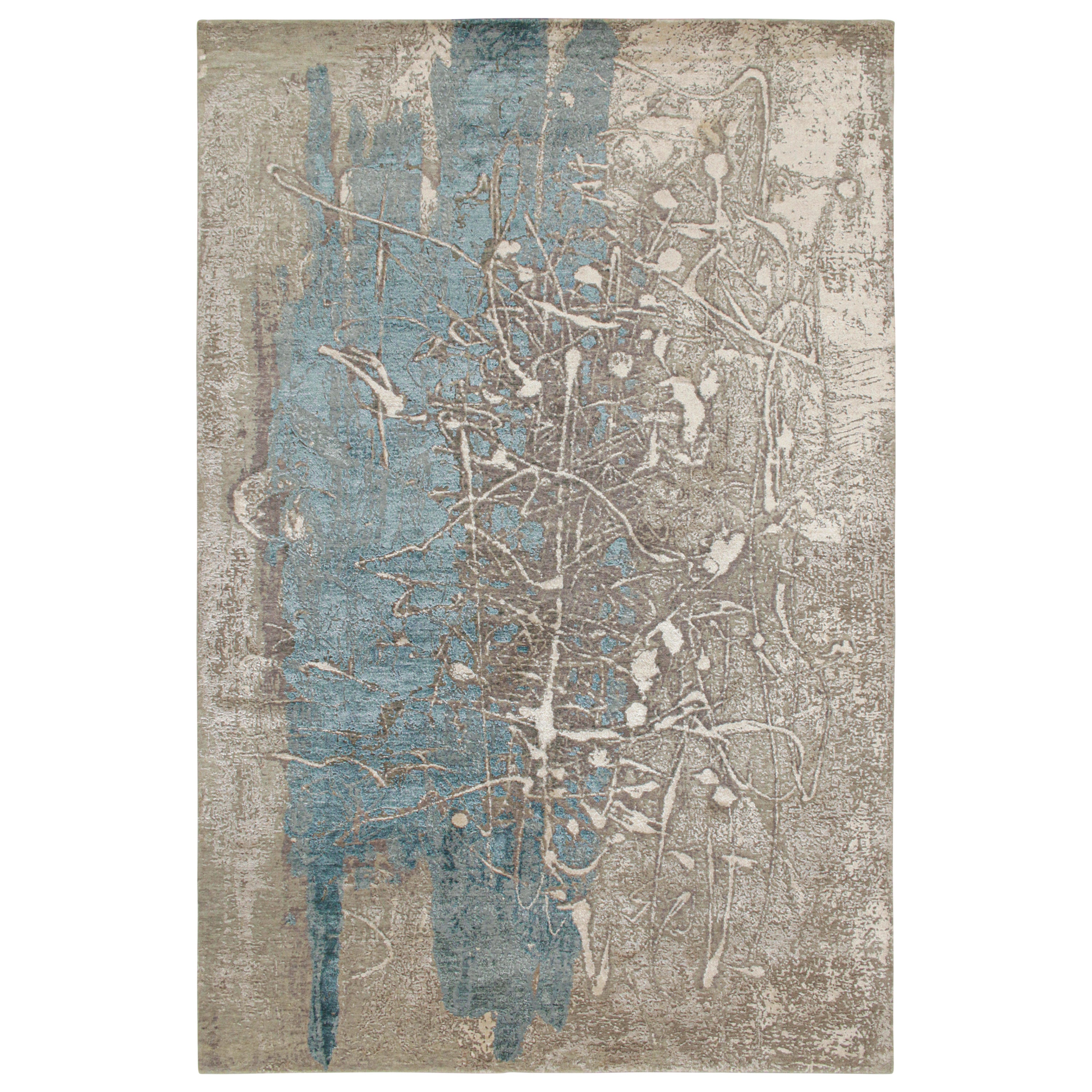 Rug & Kilim’s Modern Abstract Rug in Blue and Silver Patterns For Sale