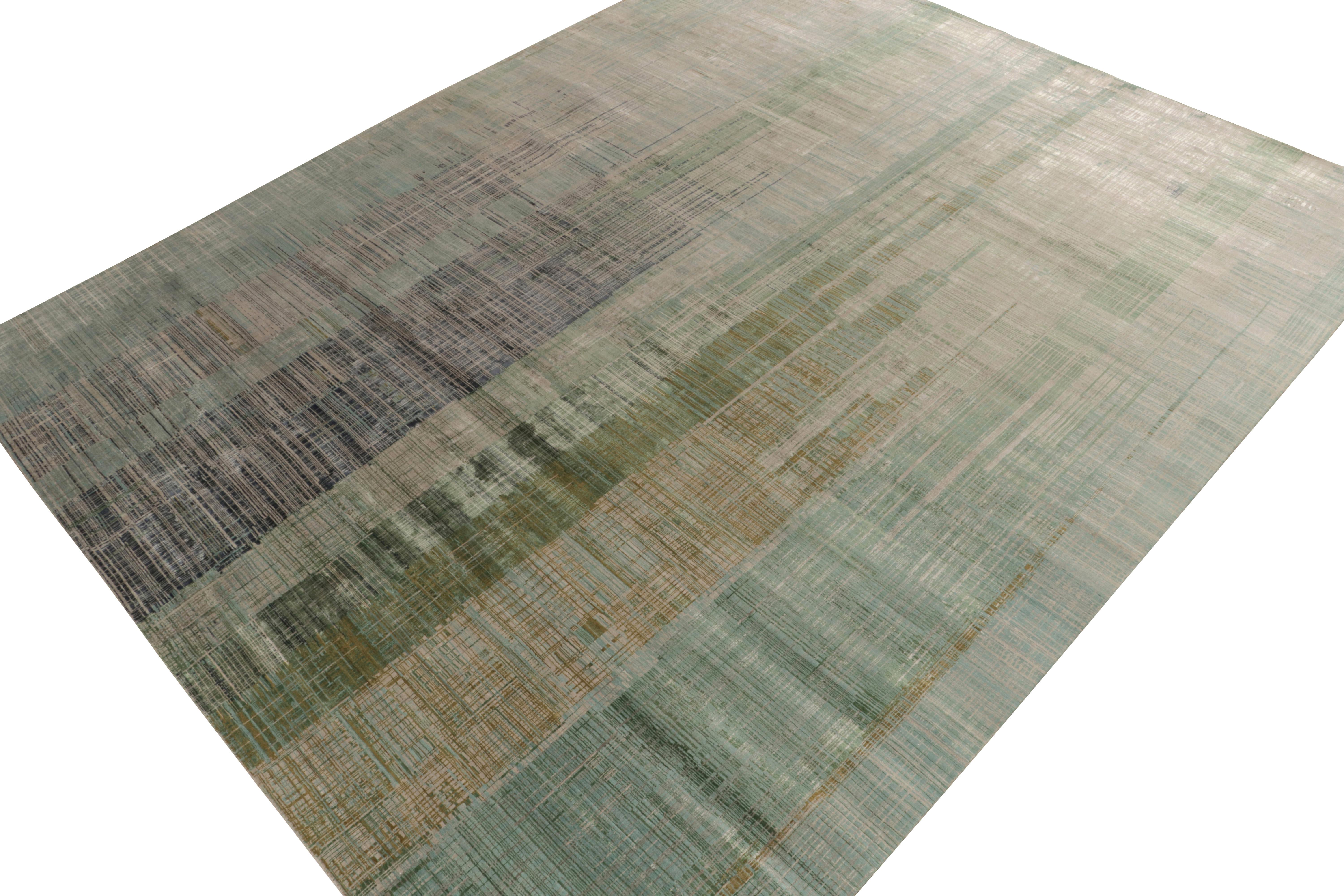Hand-knotted in fine quality wool & silk, a 12x15 abstract rug showcasing an awe-inspiring vision of modern style. From the newly unveiled works of Rug & Kilim. 

On the Design: The enticing play of blue, green, gray and beige tones move
