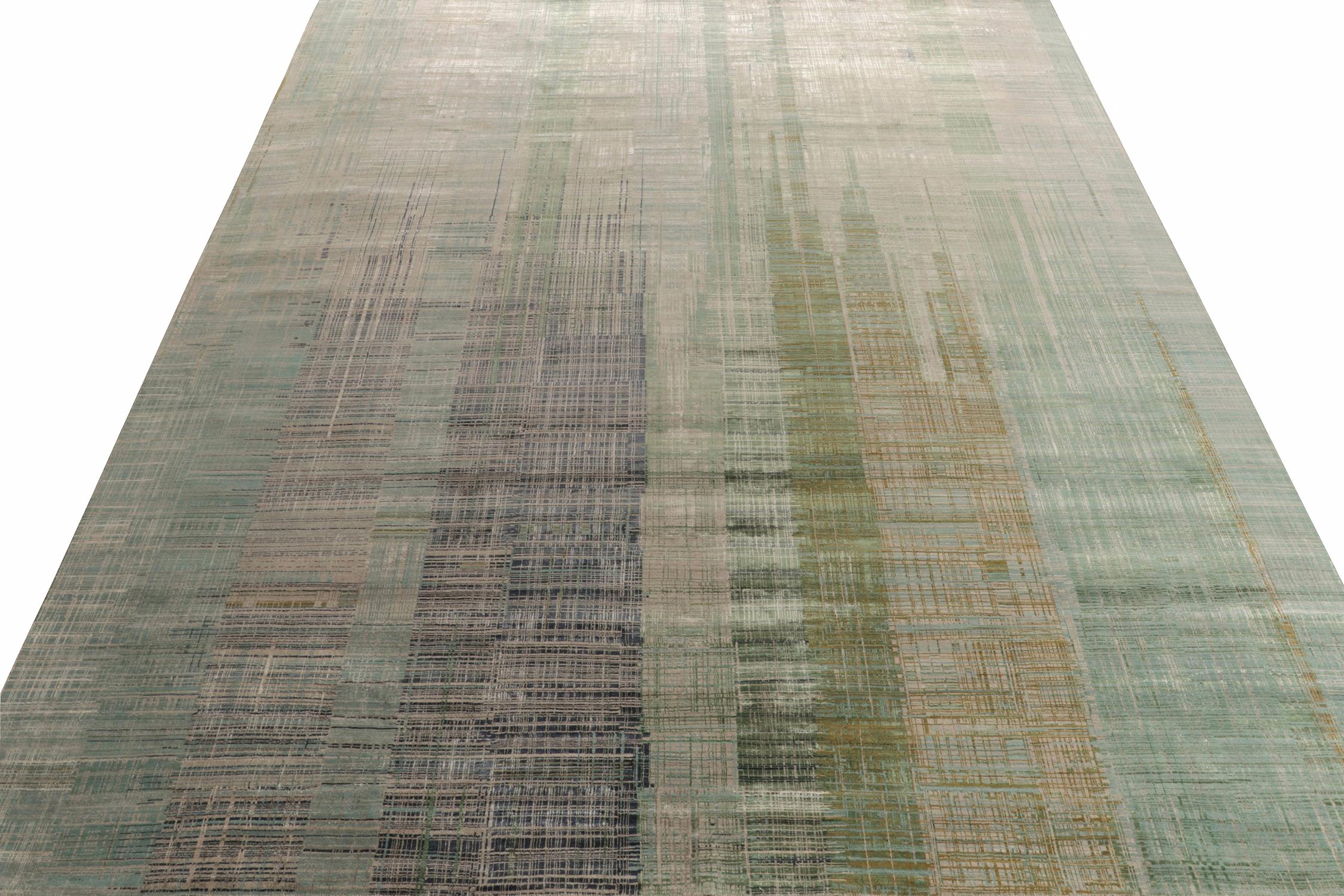 Indian Rug & Kilim’s Modern Abstract Rug in Blue, Green and Greige Geometric Pattern For Sale