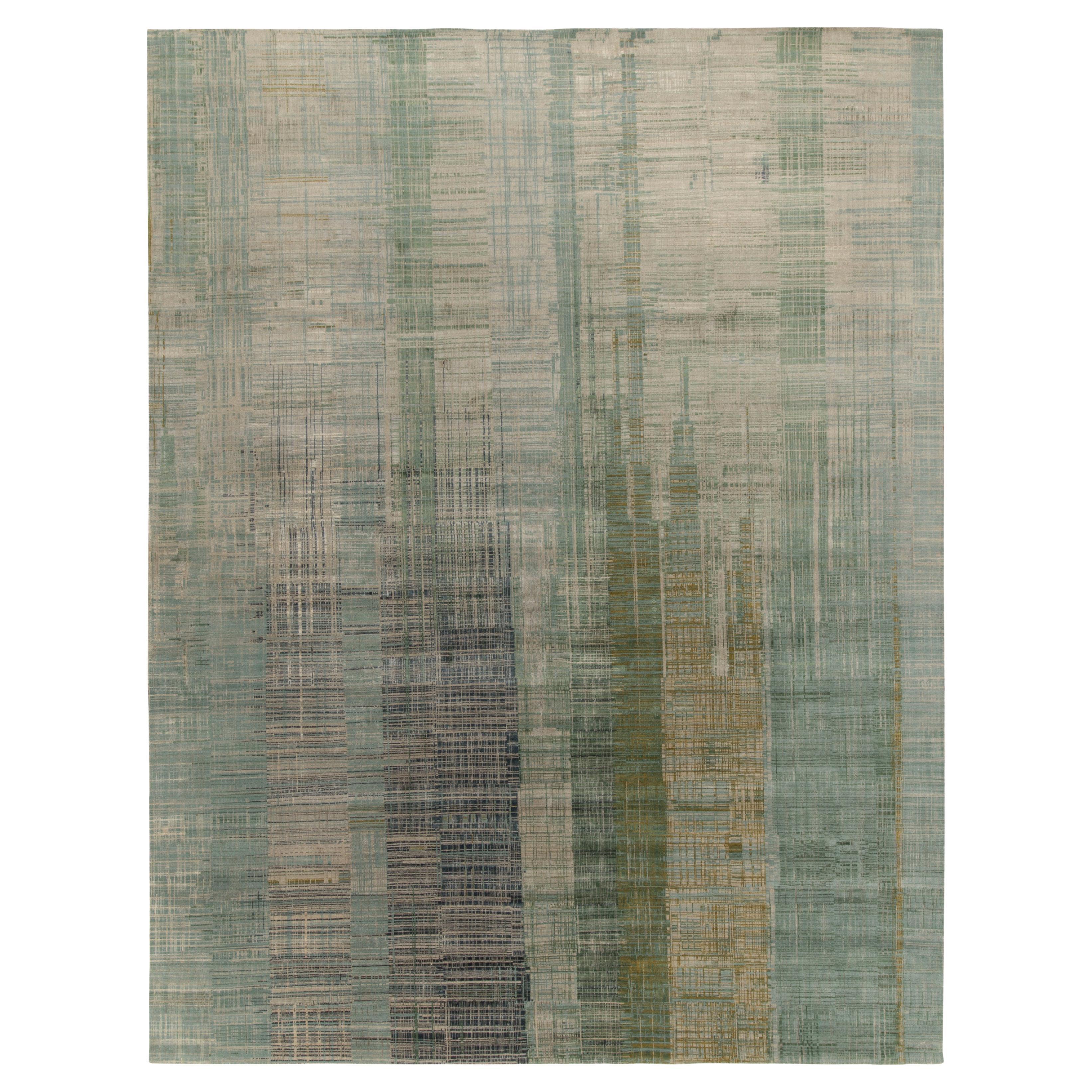 Rug & Kilim’s Modern Abstract Rug in Blue, Green and Greige Geometric Pattern For Sale