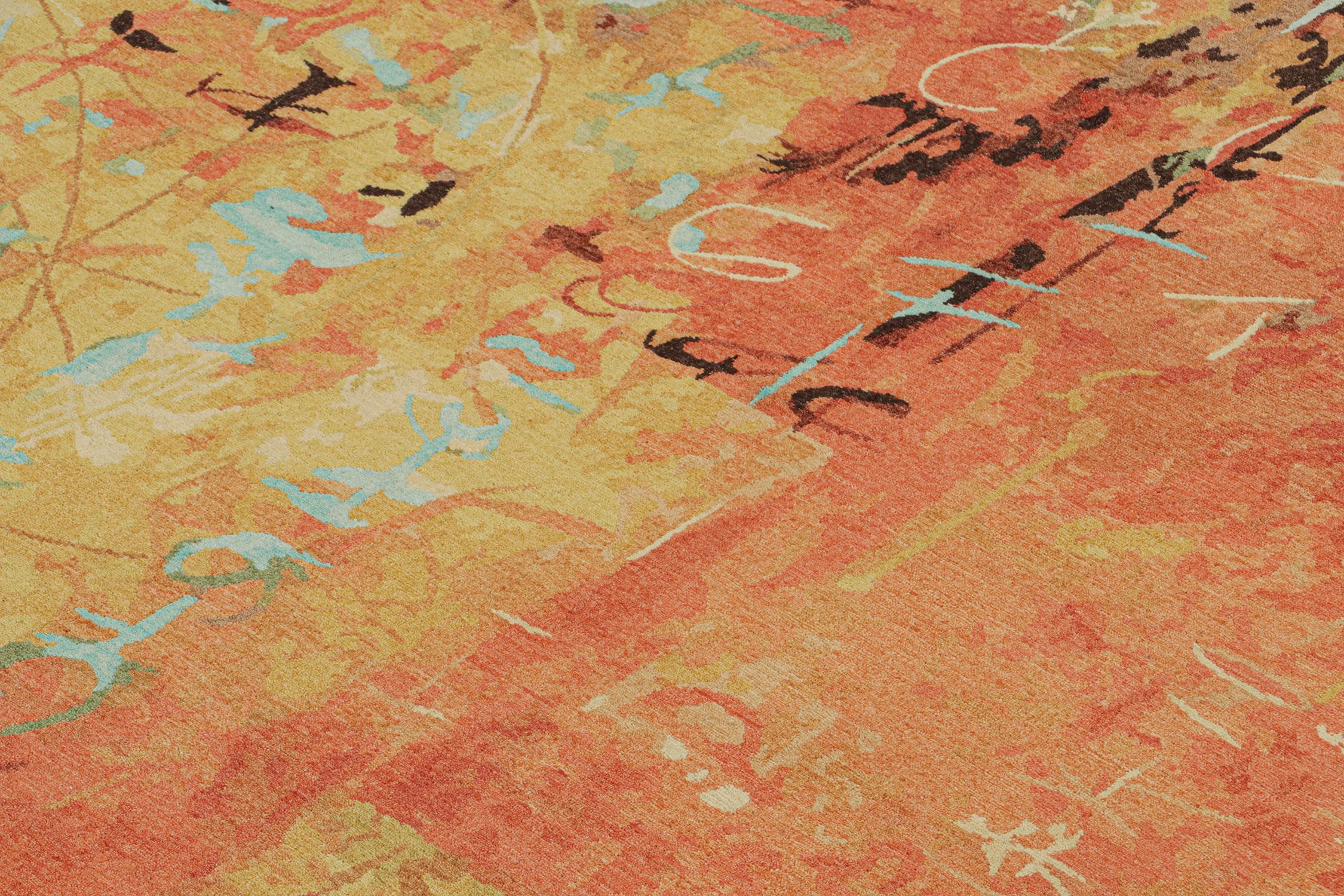 Népalais Tapis abstrait moderne de Rug & Kilim aux motifs or, orange et bleu en vente