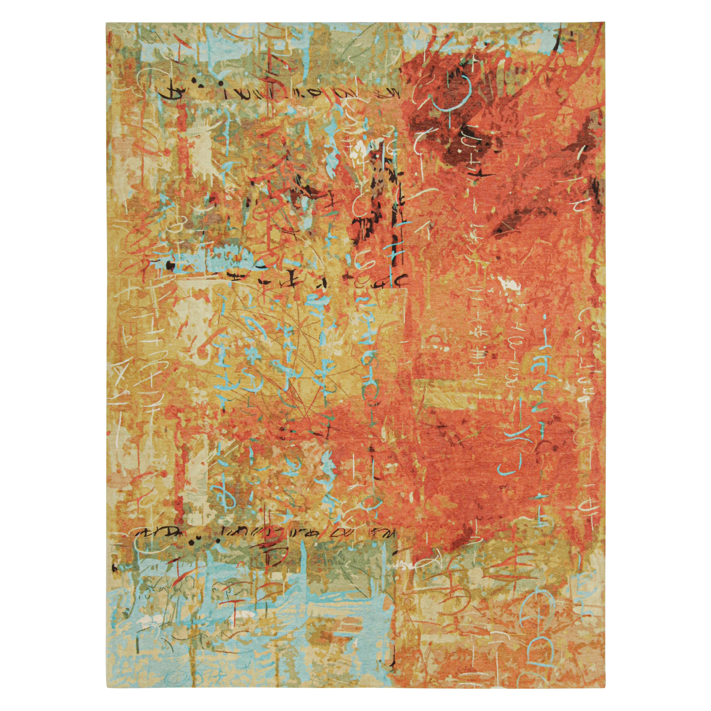 Rug & Kilim’s Modern Abstract Rug in Gold, Orange and Blue Patterns For Sale