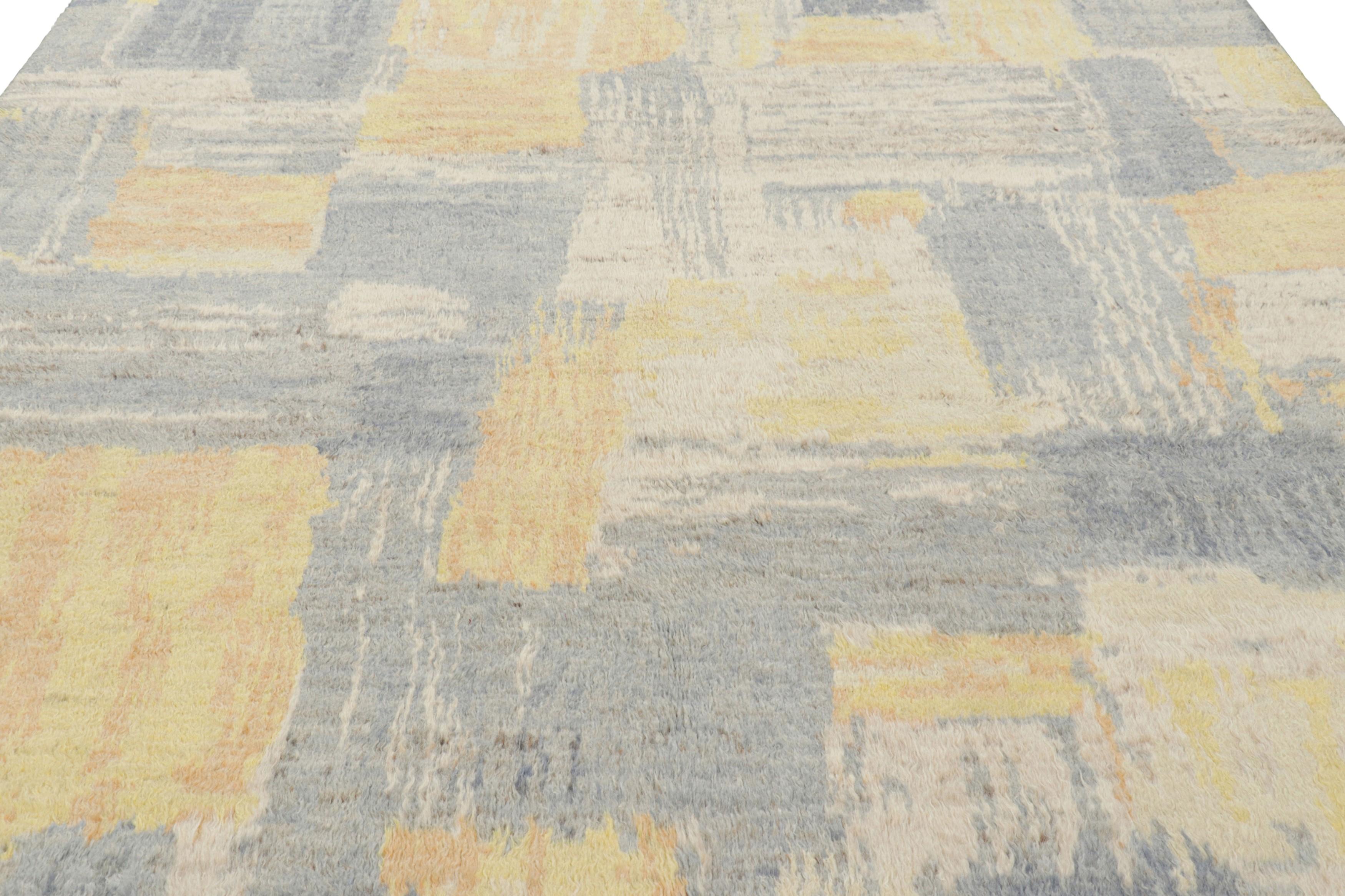 Hand-knotted in wool, this 8x10 abstract rug is an exciting new addition to Rug & Kilim’s Modern rug collection.

On the Design: 

This particular piece features a soft, neutral color palette composed of orange, yellow, bluish gray, and cream tones.