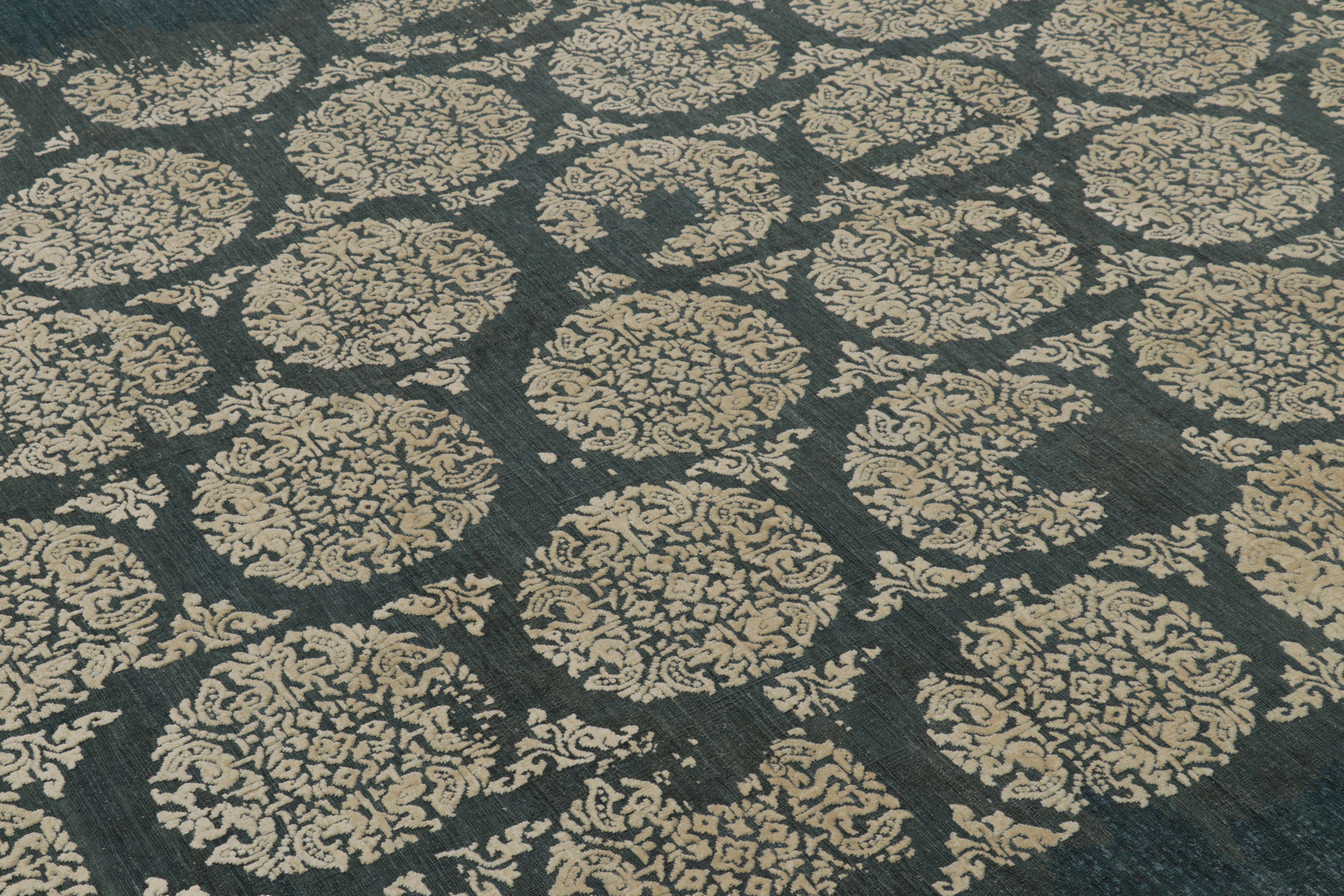 Indian Rug & Kilim's Modern Abstract Rug in Obscured Cream Circles on Forest Teal For Sale