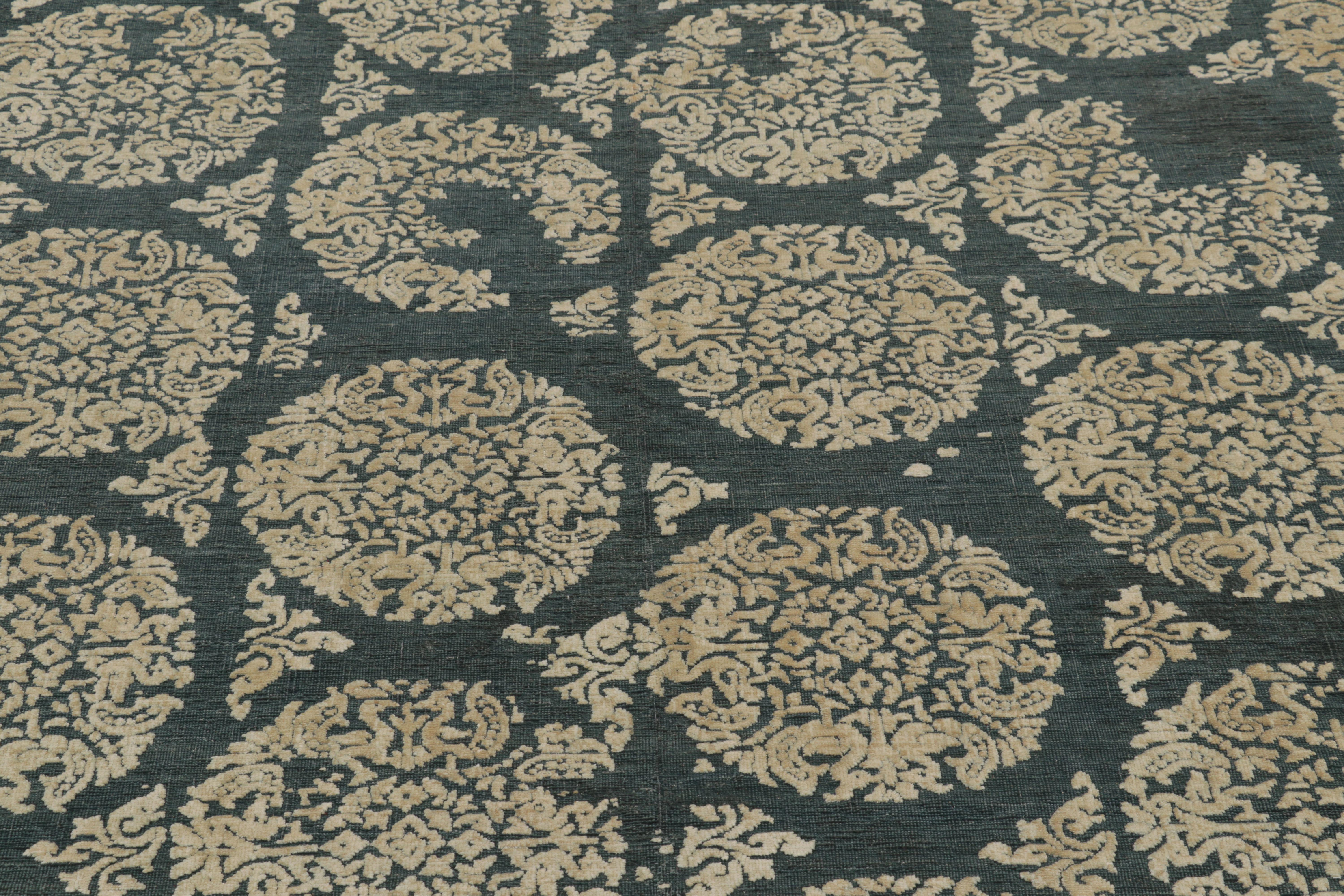 Hand-Knotted Rug & Kilim's Modern Abstract Rug in Obscured Cream Circles on Forest Teal For Sale