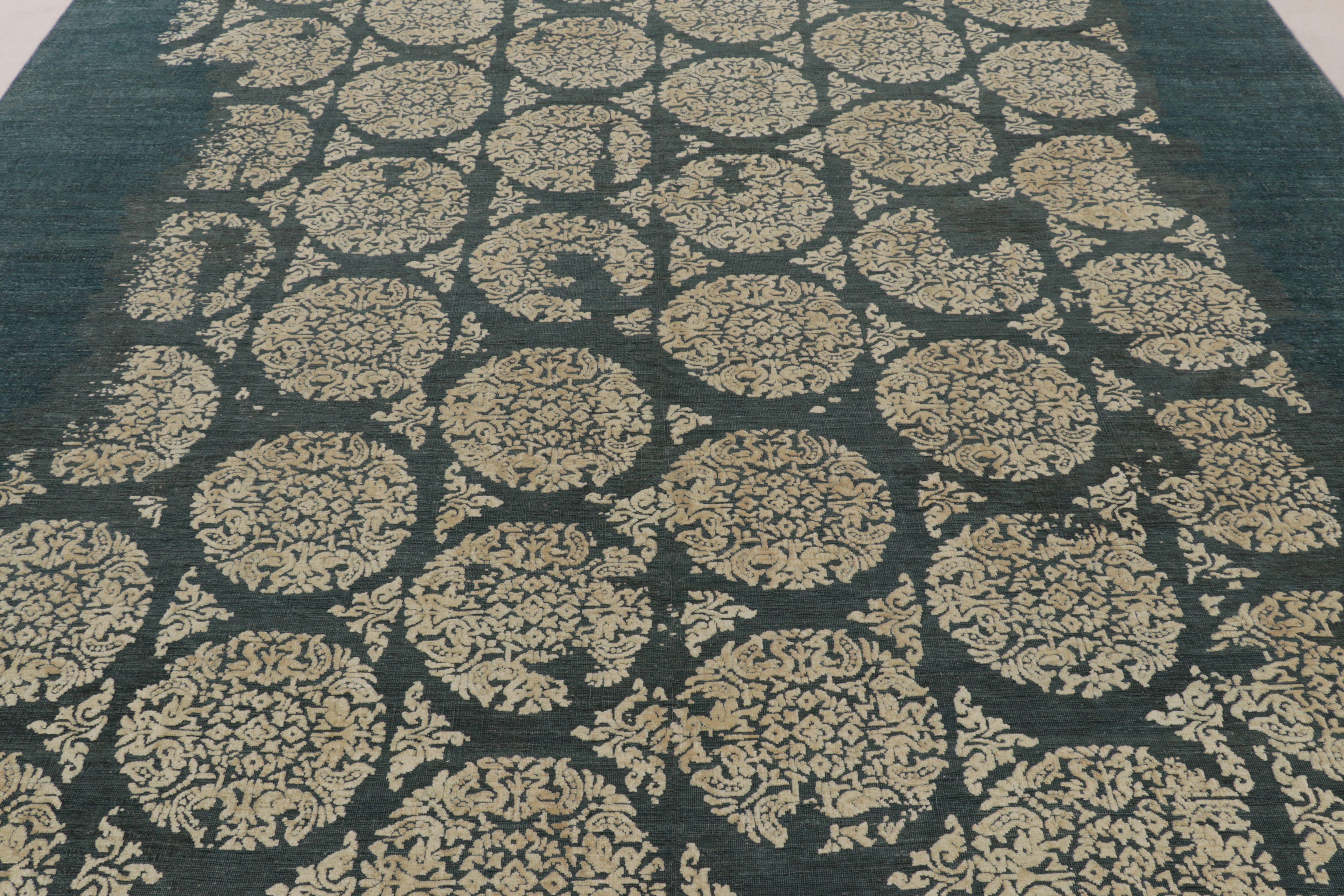Contemporary Rug & Kilim's Modern Abstract Rug in Obscured Cream Circles on Forest Teal For Sale
