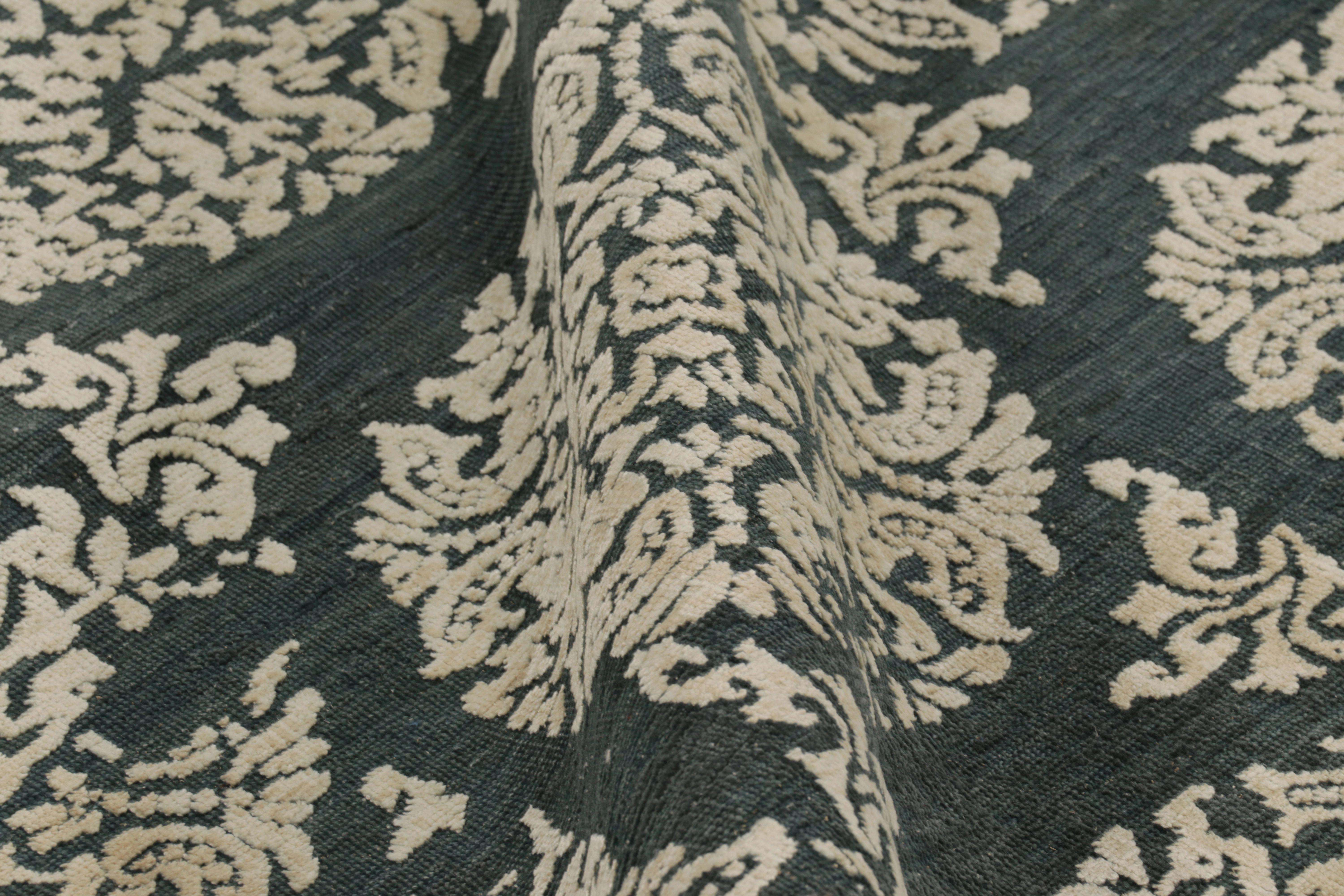 Silk Rug & Kilim's Modern Abstract Rug in Obscured Cream Circles on Forest Teal For Sale