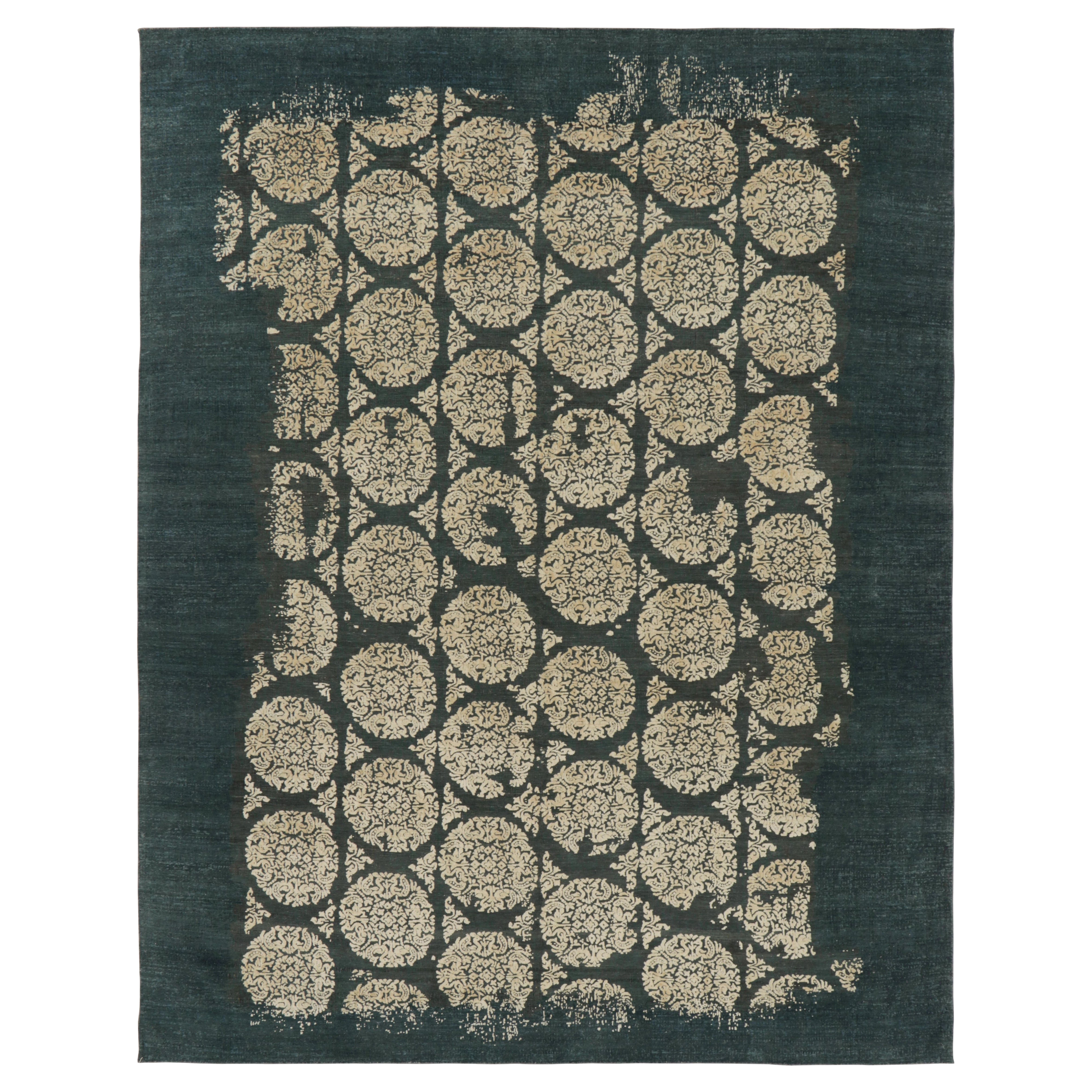Rug & Kilim's Modern Abstract Rug in Obscured Cream Circles on Forest Teal For Sale