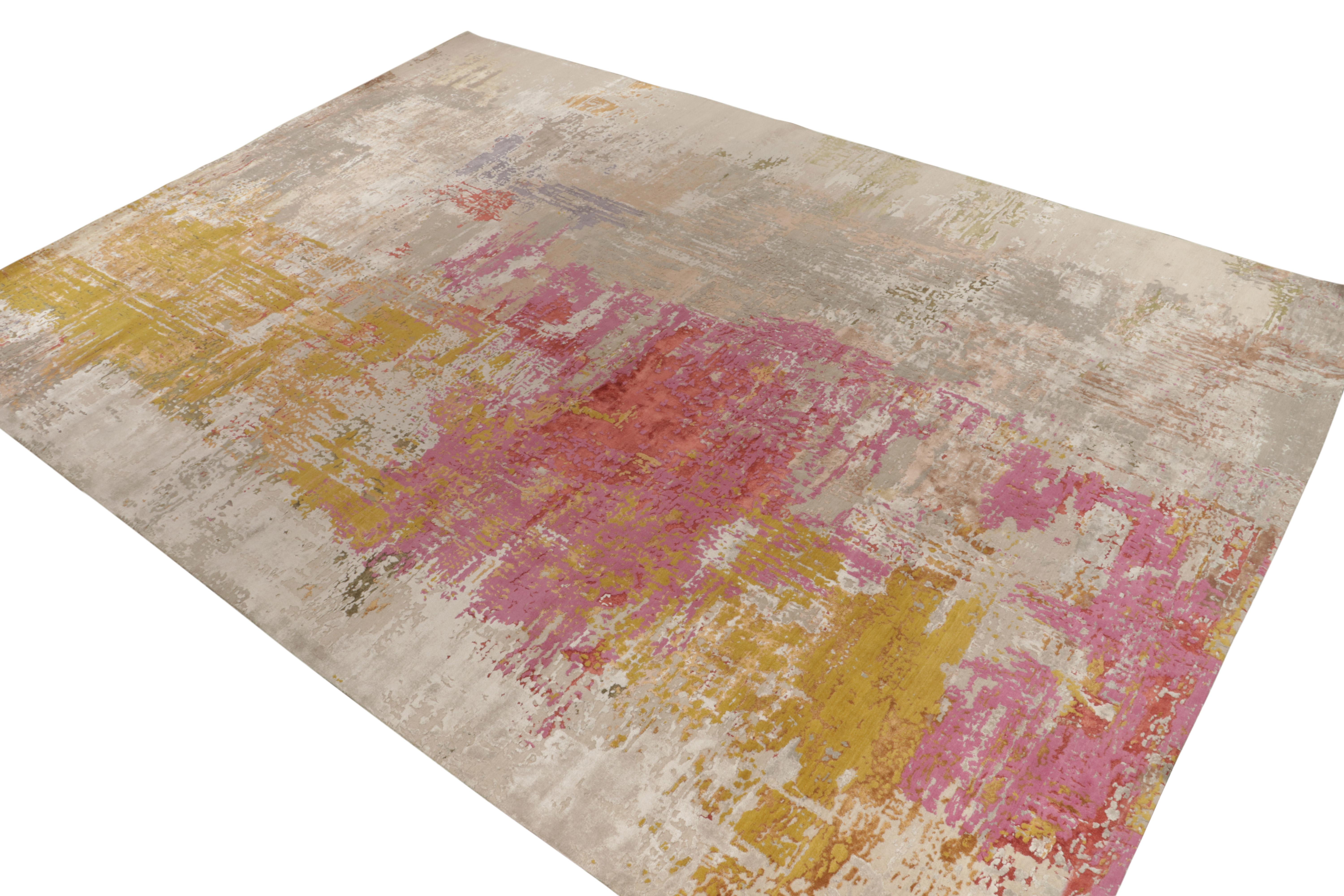 From Rug & Kilim’s modern works, a 14x20 piece enjoying bold painterly styles of abstract expressionism. The hand-knotted construction builds on wool that takes the dye graciously to play in pink, gold & gray tones. A unique palace size rug carrying