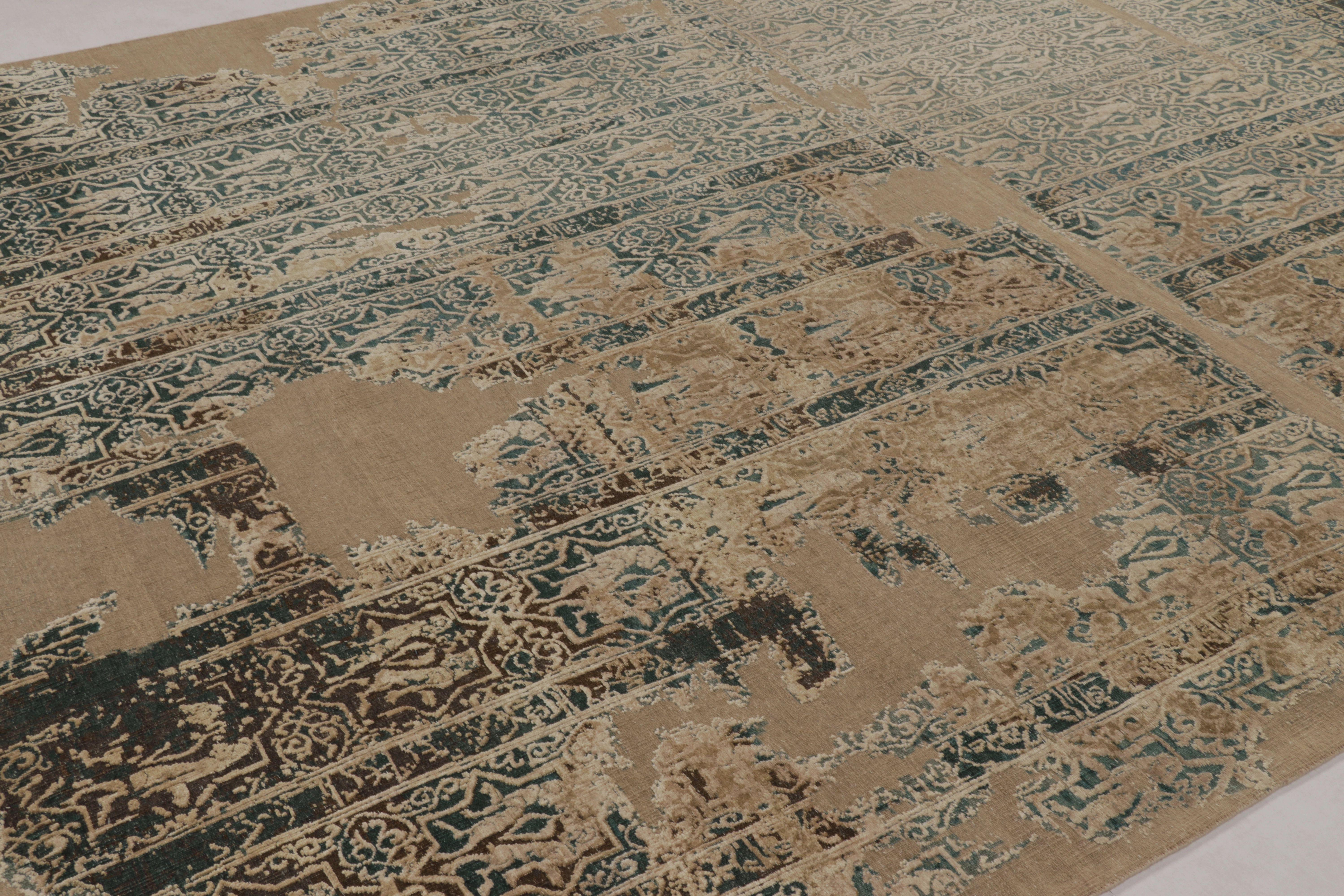 Alfombra moderna abstracta Rug & Kilim en diseño de fragmentos verde azulado y sepia Anudado a mano en venta