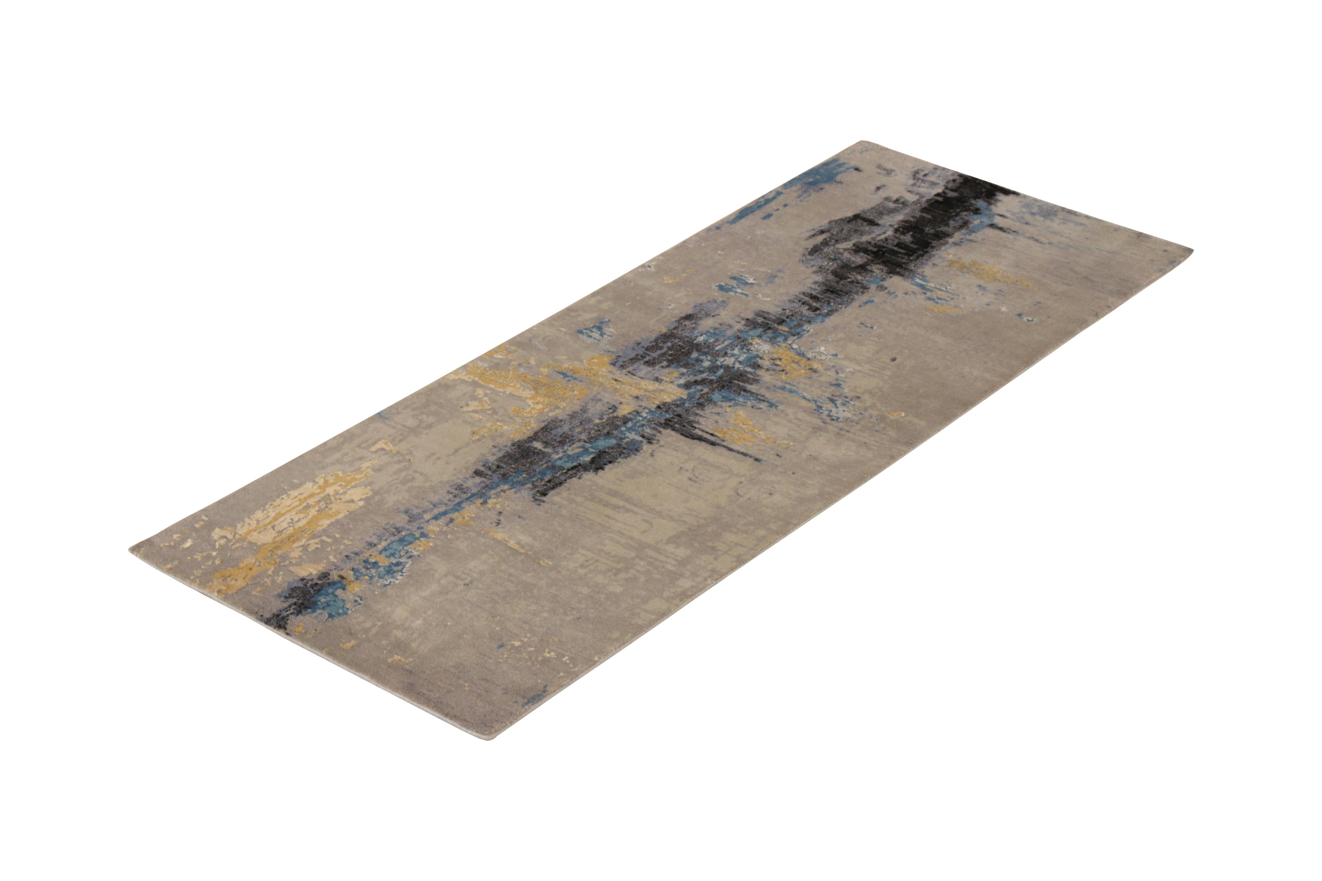 A new addition to the handmade rugs in the abstract rug line by Rug & Kilim, this 3 x 7 modern runner is hand knotted in a unique, proprietary blend of quality wool and silk, the natural luster of the latter bringing out transitional hues of gray,