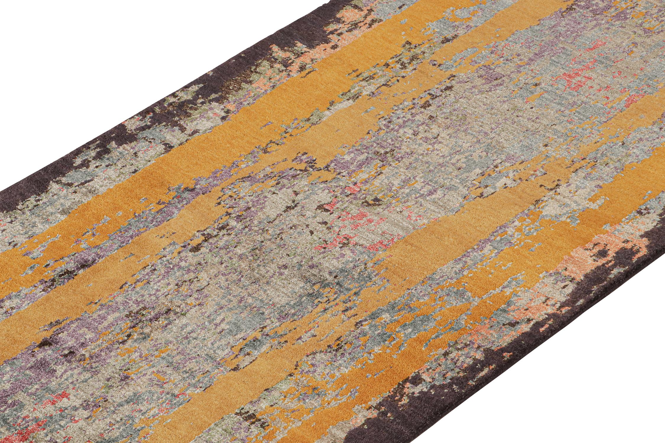 Hand-Knotted Rug & Kilim’s Modern Abstract Runner in Blue with Gold Patterns For Sale