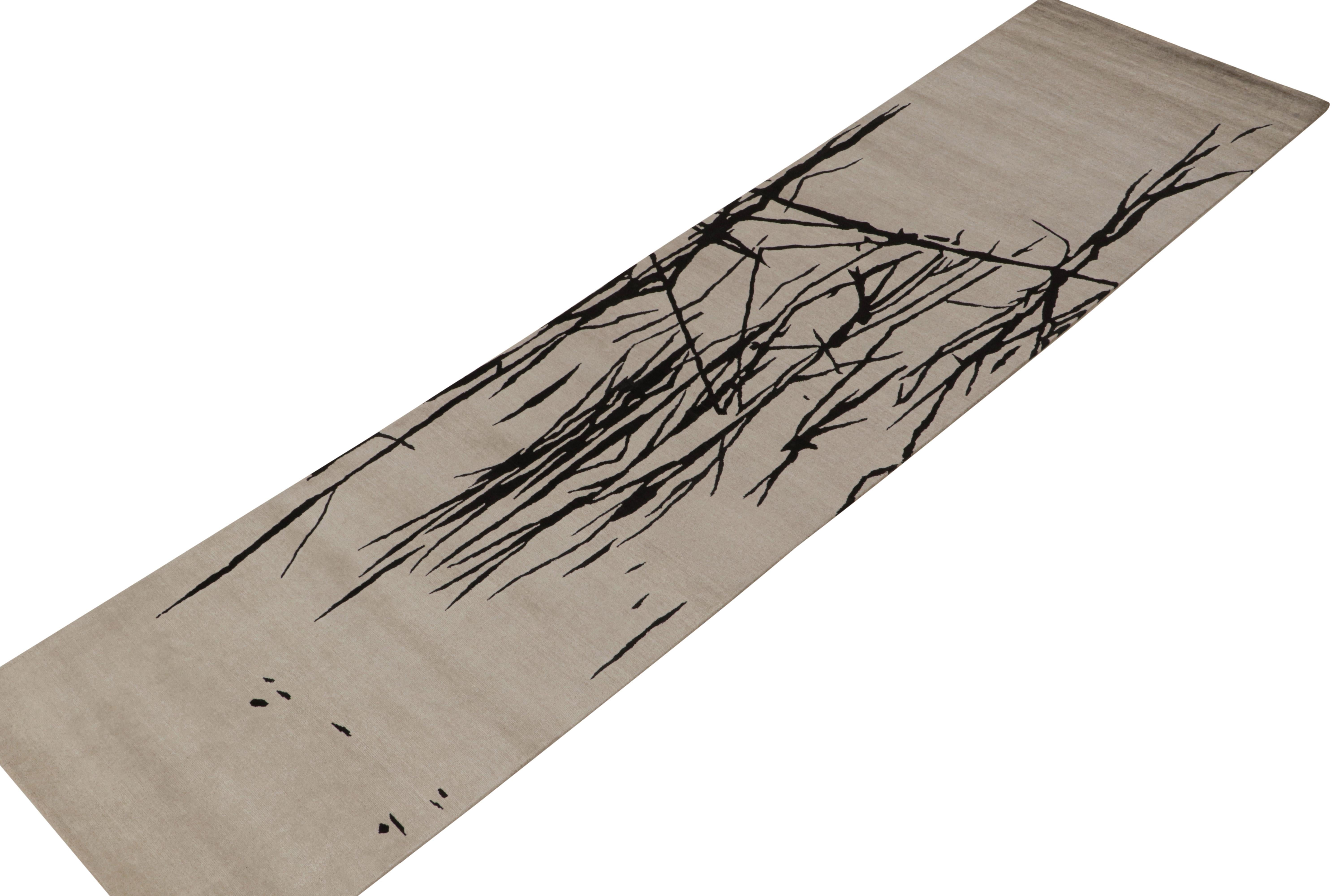 Hand-knotted in wool and silk, this 3x12 abstract runner is a new addition to the Modern Collection by Rug & Kilim.

On the Design: 

The unique design embraces abstract minimalism with bold black geometric patterns on a greige background. The