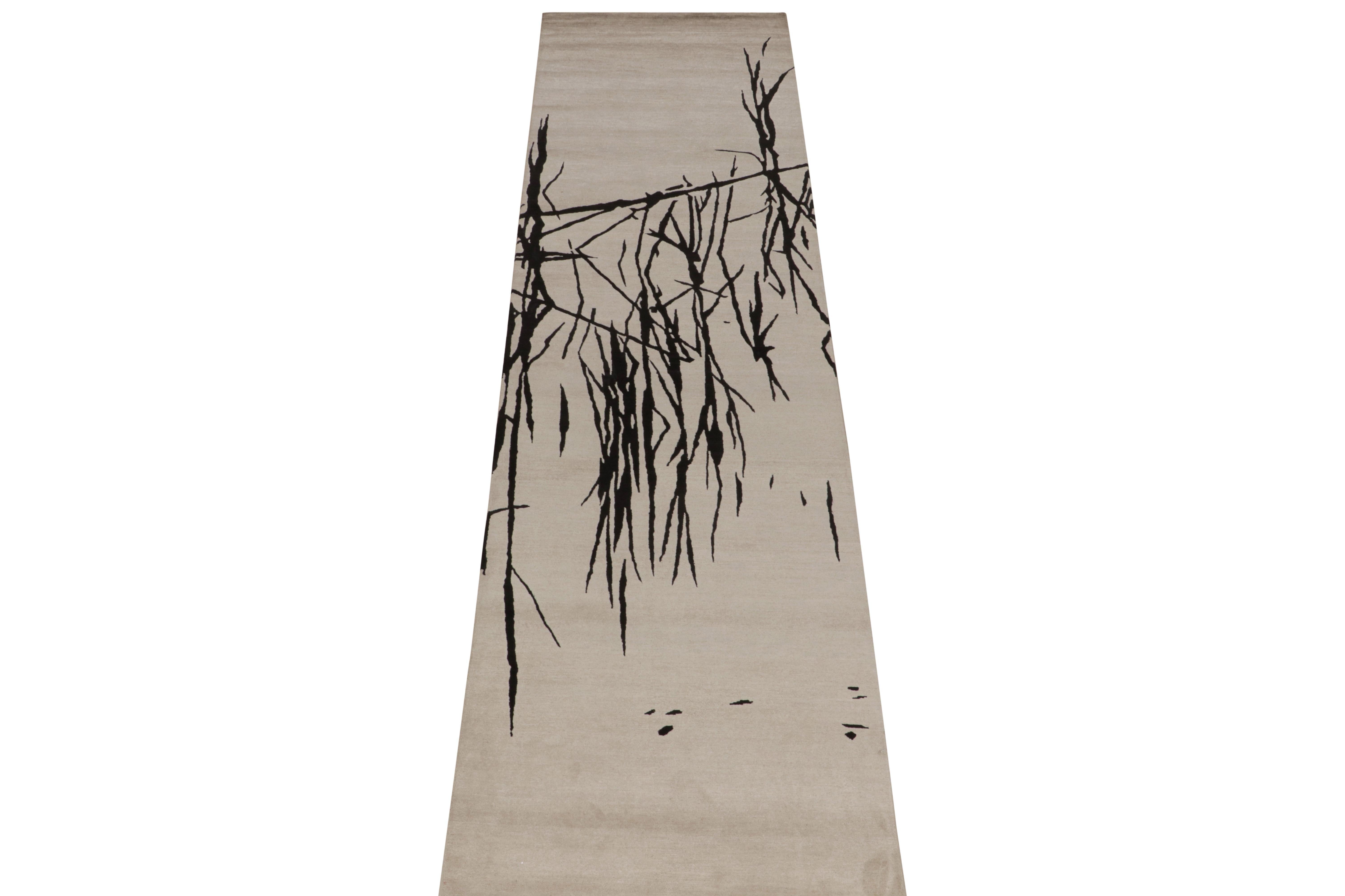 Nepalese Rug & Kilim’s Modern Abstract Runner in Greige with Black Geometric Patterns For Sale