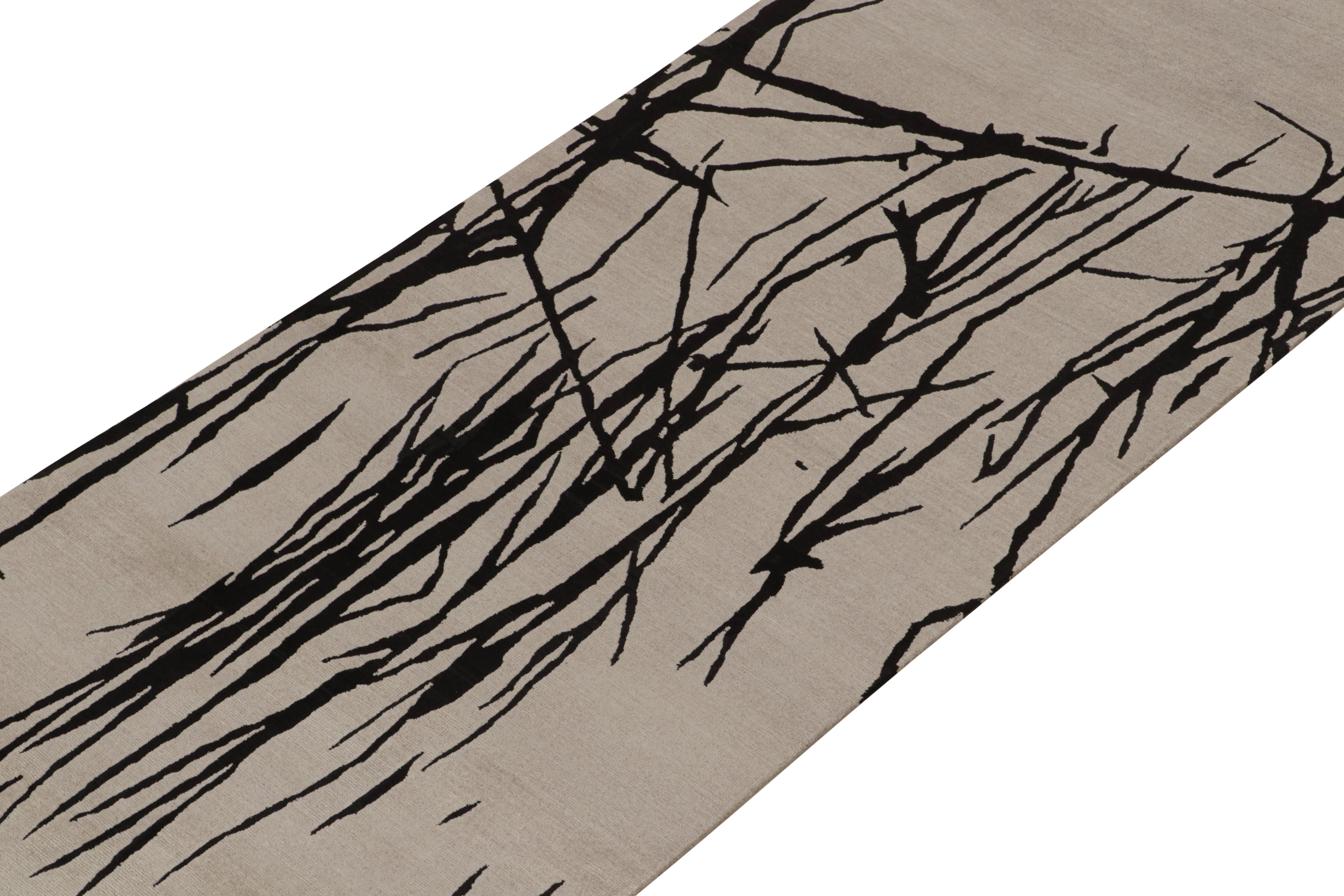 Hand-Knotted Rug & Kilim’s Modern Abstract Runner in Greige with Black Geometric Patterns For Sale