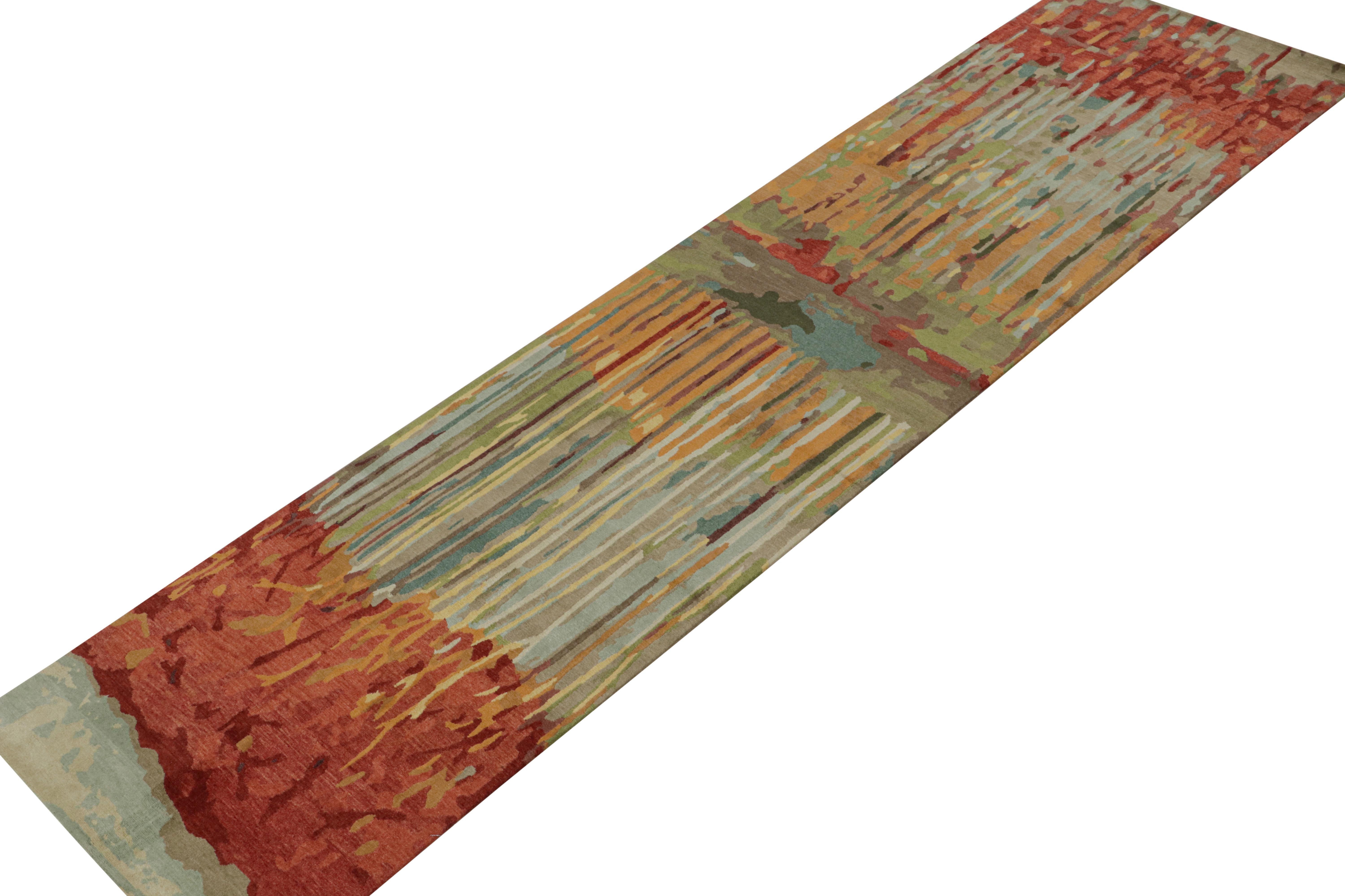 Hand-knotted in wool and silk, this 3x12 abstract runner is a new addition to the Modern Collection by Rug & Kilim.

On the Design:

The rug boasts an expressive & bright persona with vibrant tones of red, blue, green & blue. This exuberant