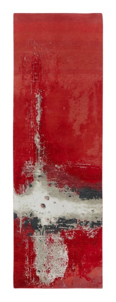Rug & Kilim’s Modern Abstract Runner Rug, Bold Red with Silver Abstract Pattern